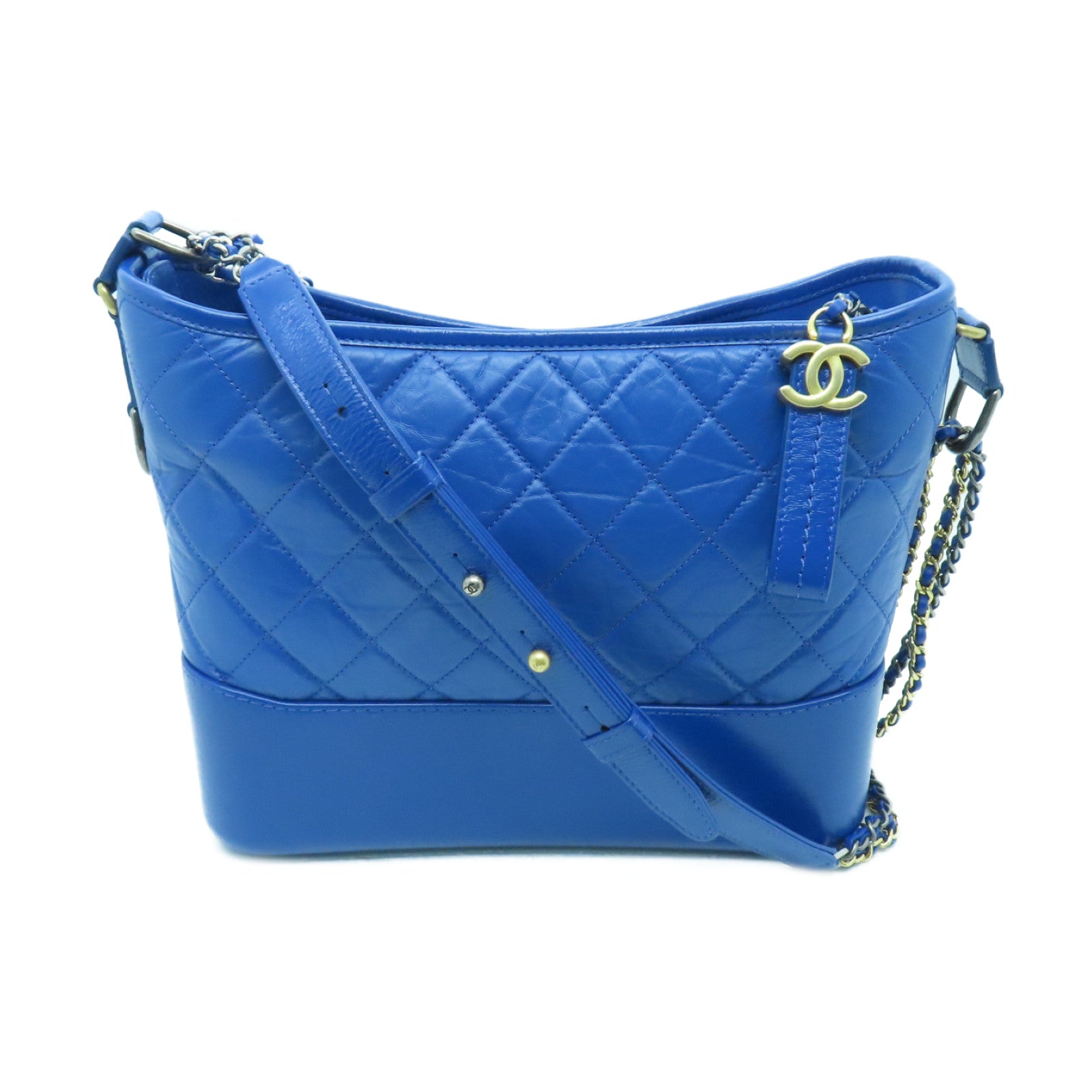 CHANEL 菱格牛皮皮革Gabrielle Medium金扣/銀扣鏈帶肩背袋藍色