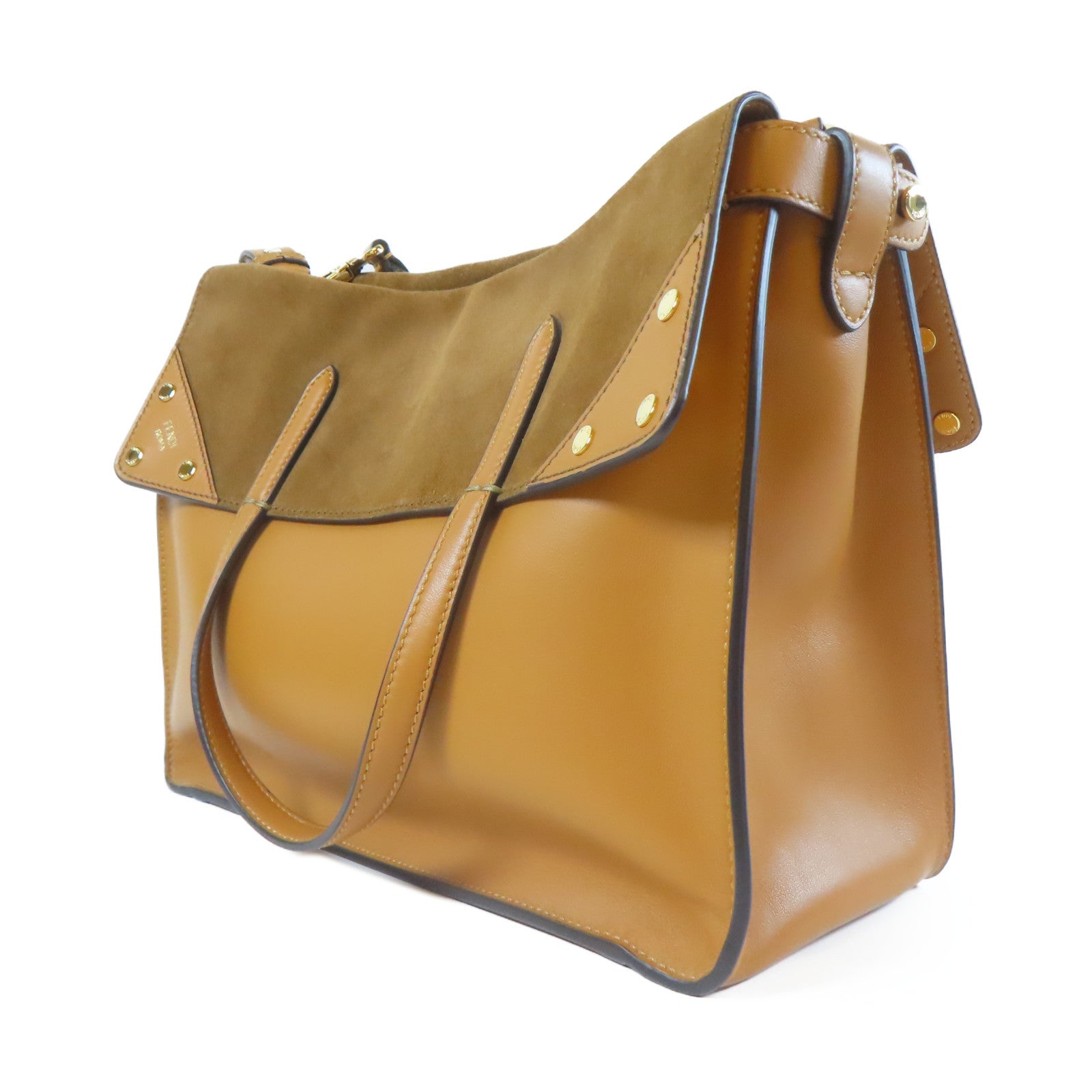 FENDI 牛皮皮革/麂皮皮革Flip Tote Shoulder Bag金扣手挽肩背兩用袋啡色