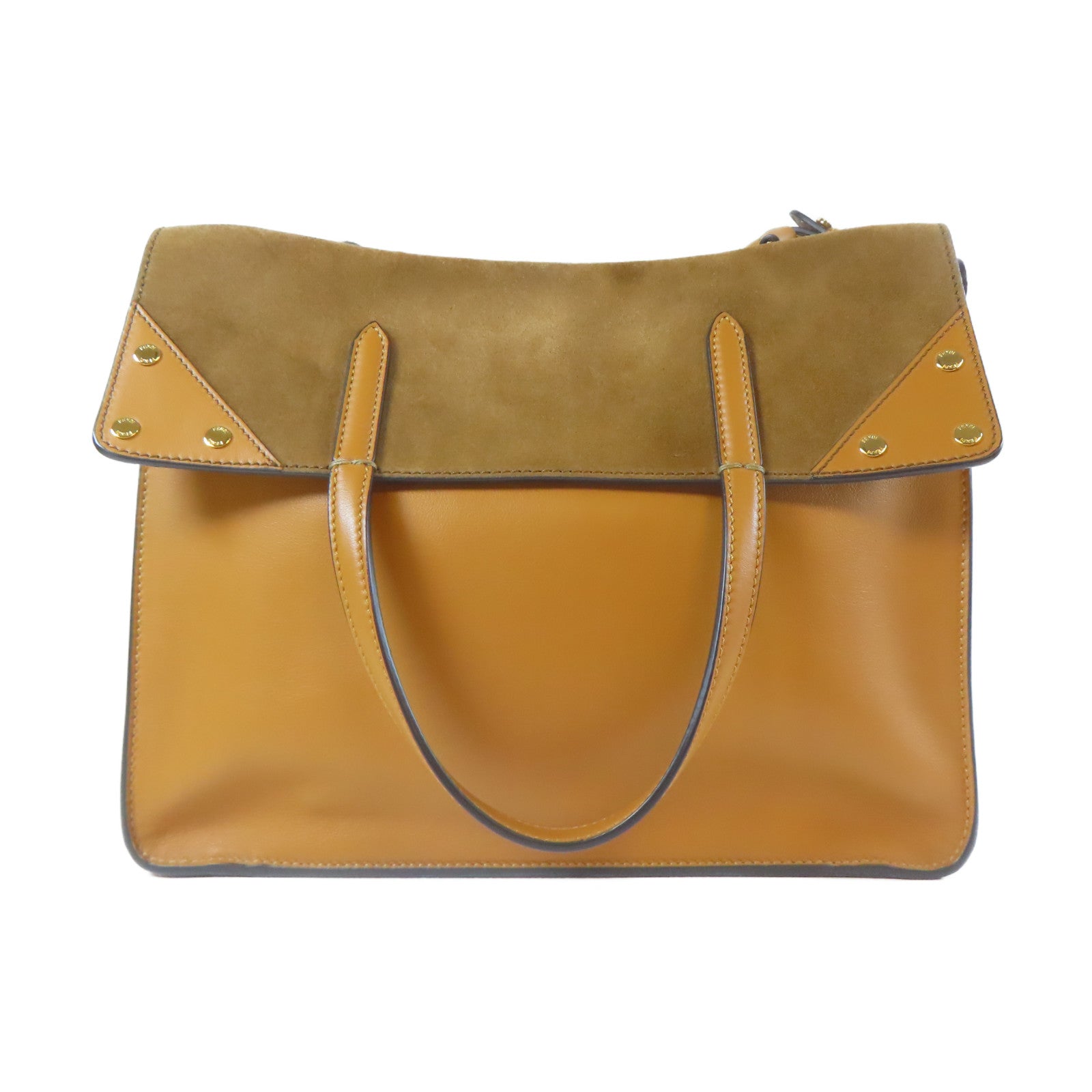 FENDI 牛皮皮革/麂皮皮革Flip Tote Shoulder Bag金扣手挽肩背兩用袋啡色