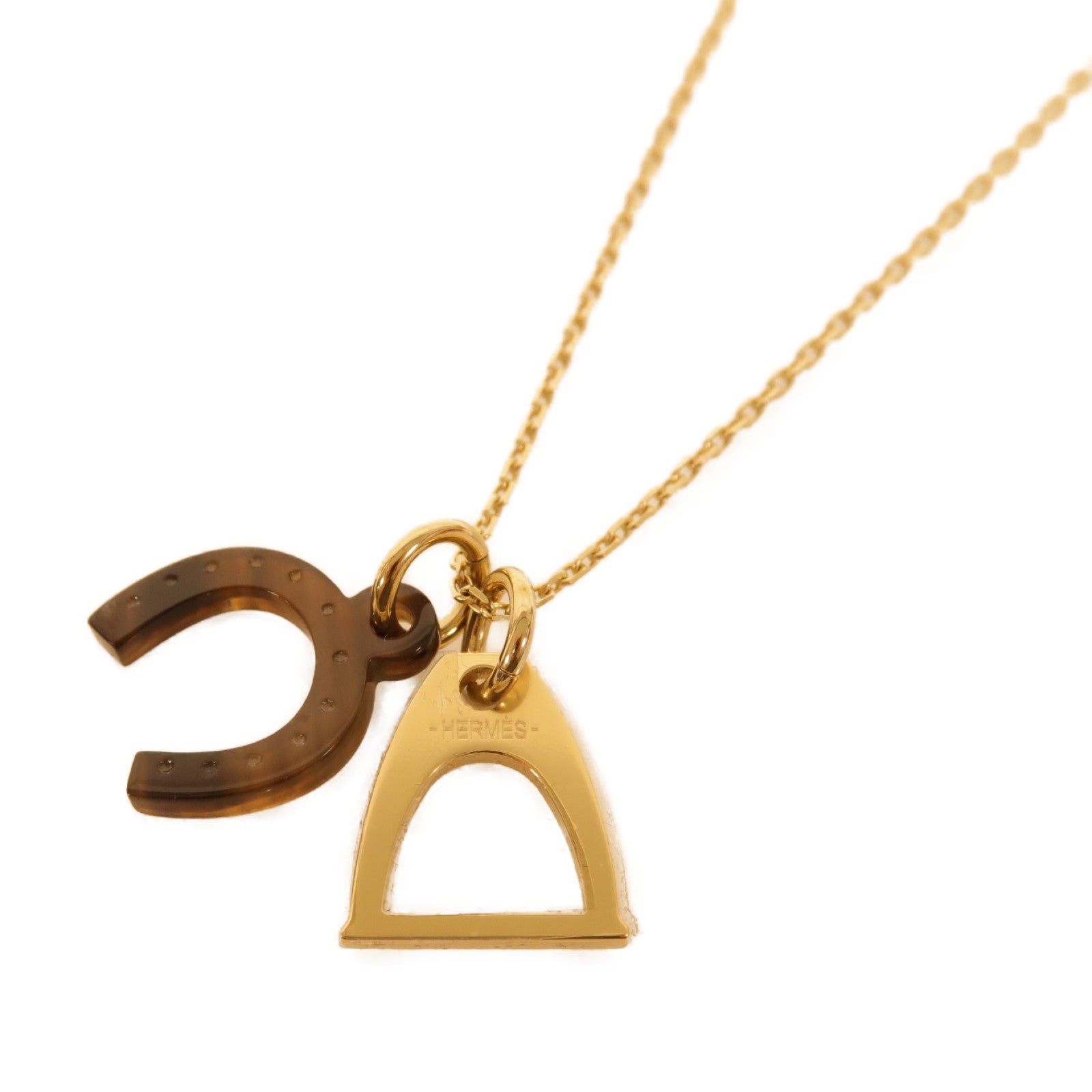 HERMES 牛角/金屬Necklace項鍊啡色/金色