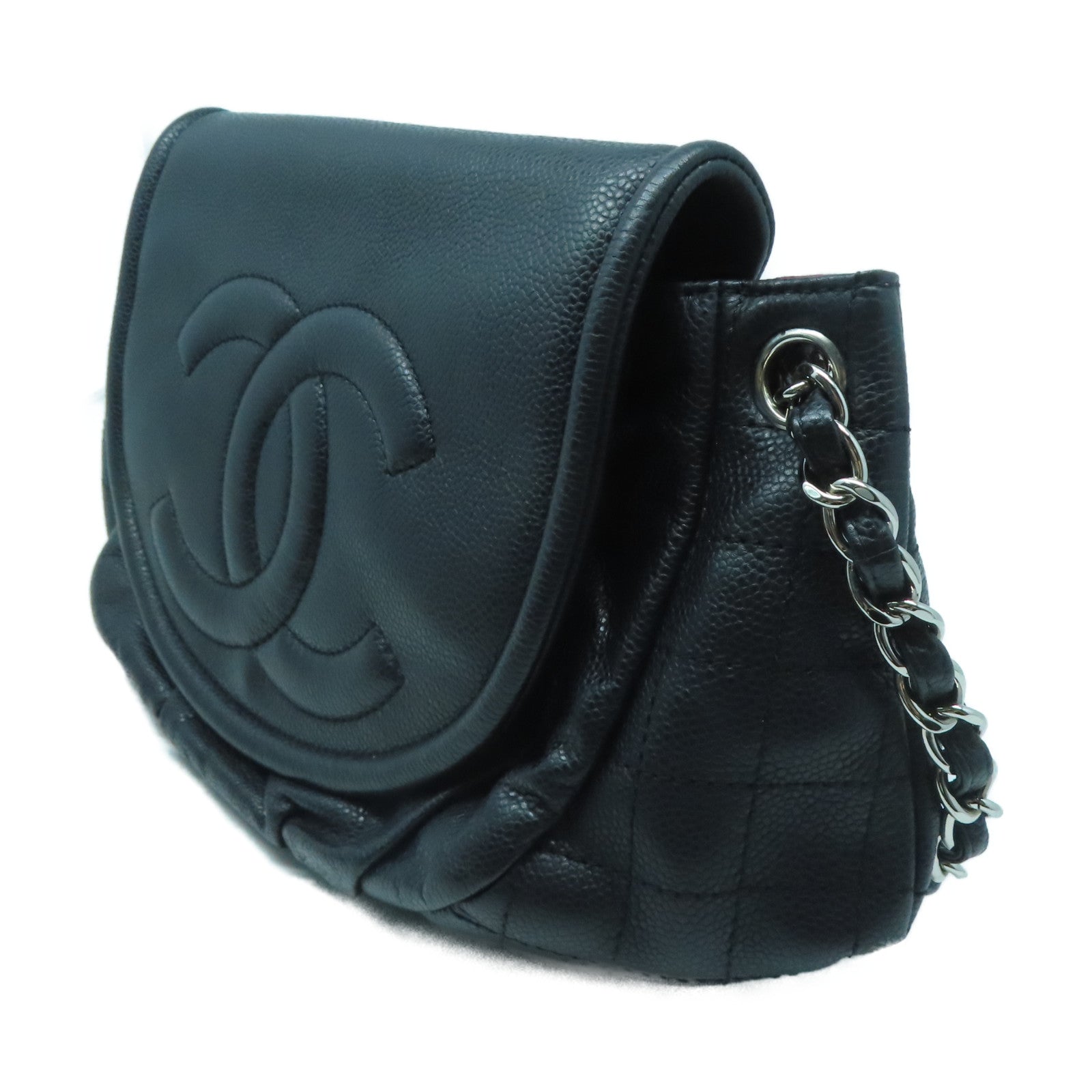 CHANEL 菱格Caviar皮革Chain Shoulder銀扣手挽肩背兩用袋黑色