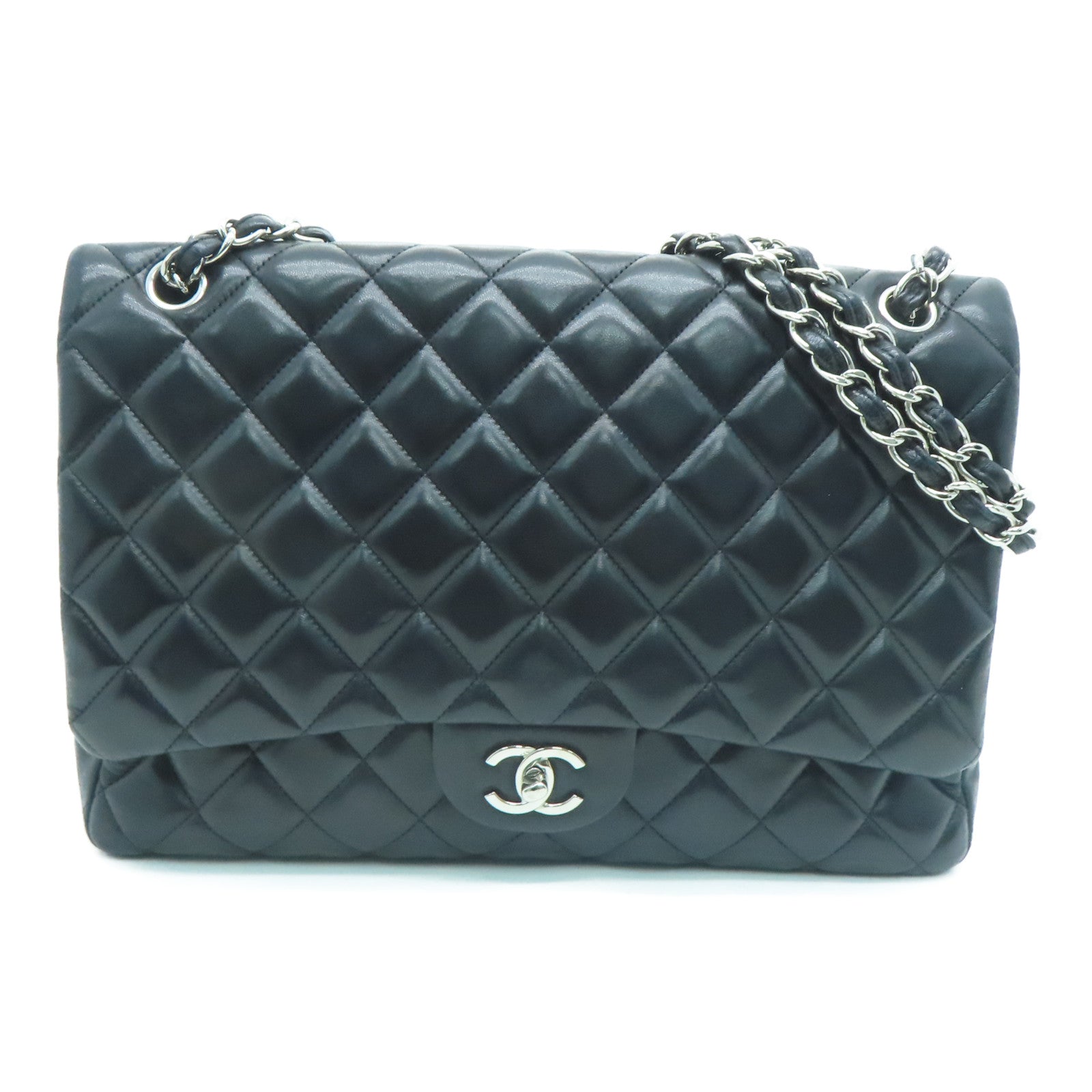 CHANEL 菱格羊皮皮革Classic银扣链带肩背袋黑色
