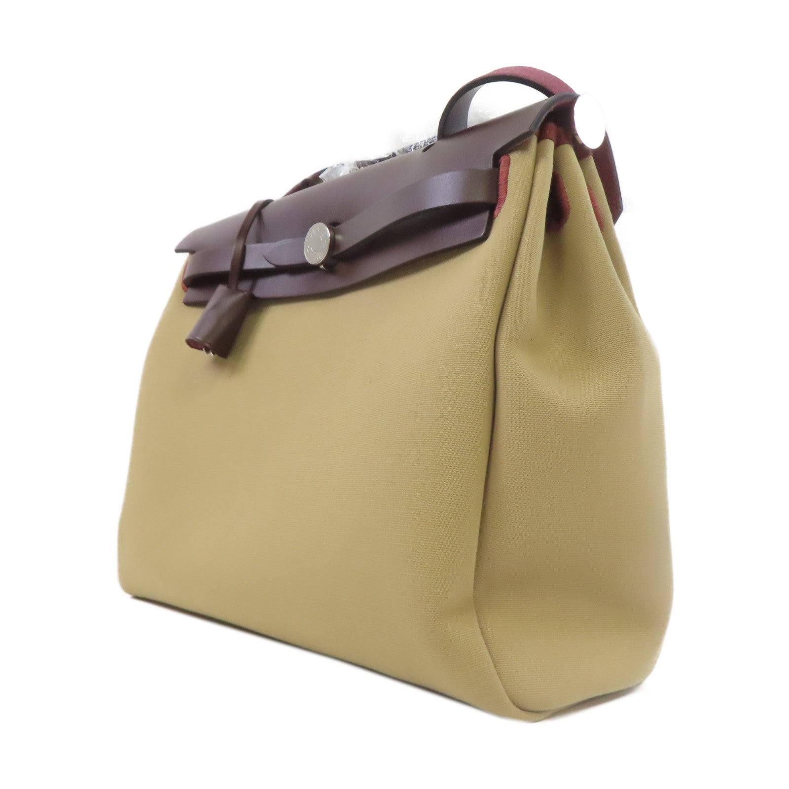 HERMES 帆布Herbag PM銀扣手挽肩背兩用袋風衣卡其色