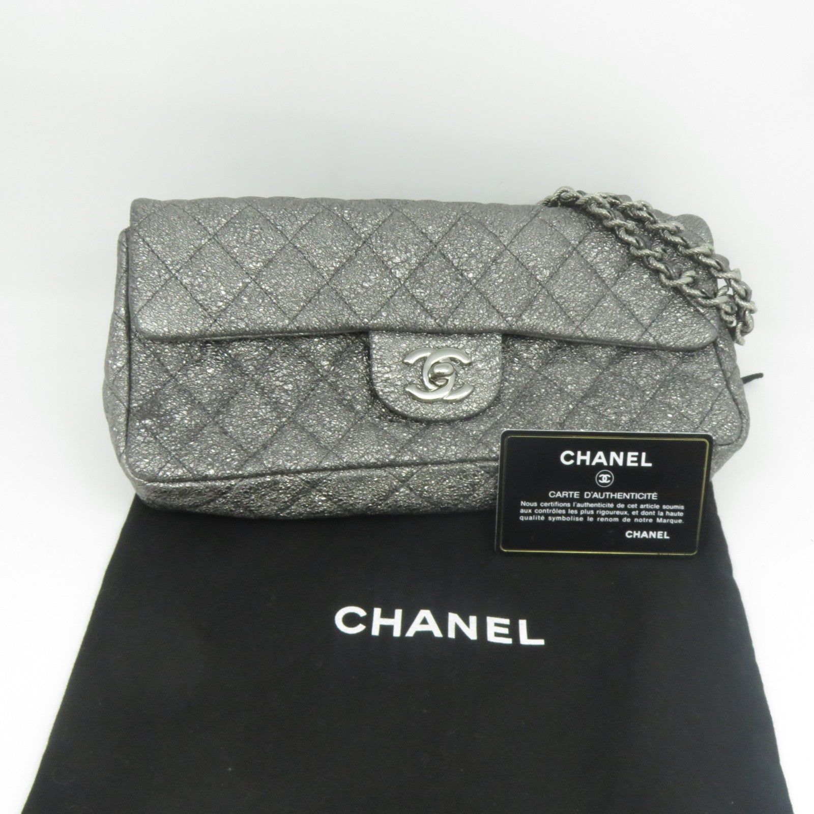 CHANEL 菱格牛皮皮革Chain Shoulder銀扣鏈帶肩背袋銀色