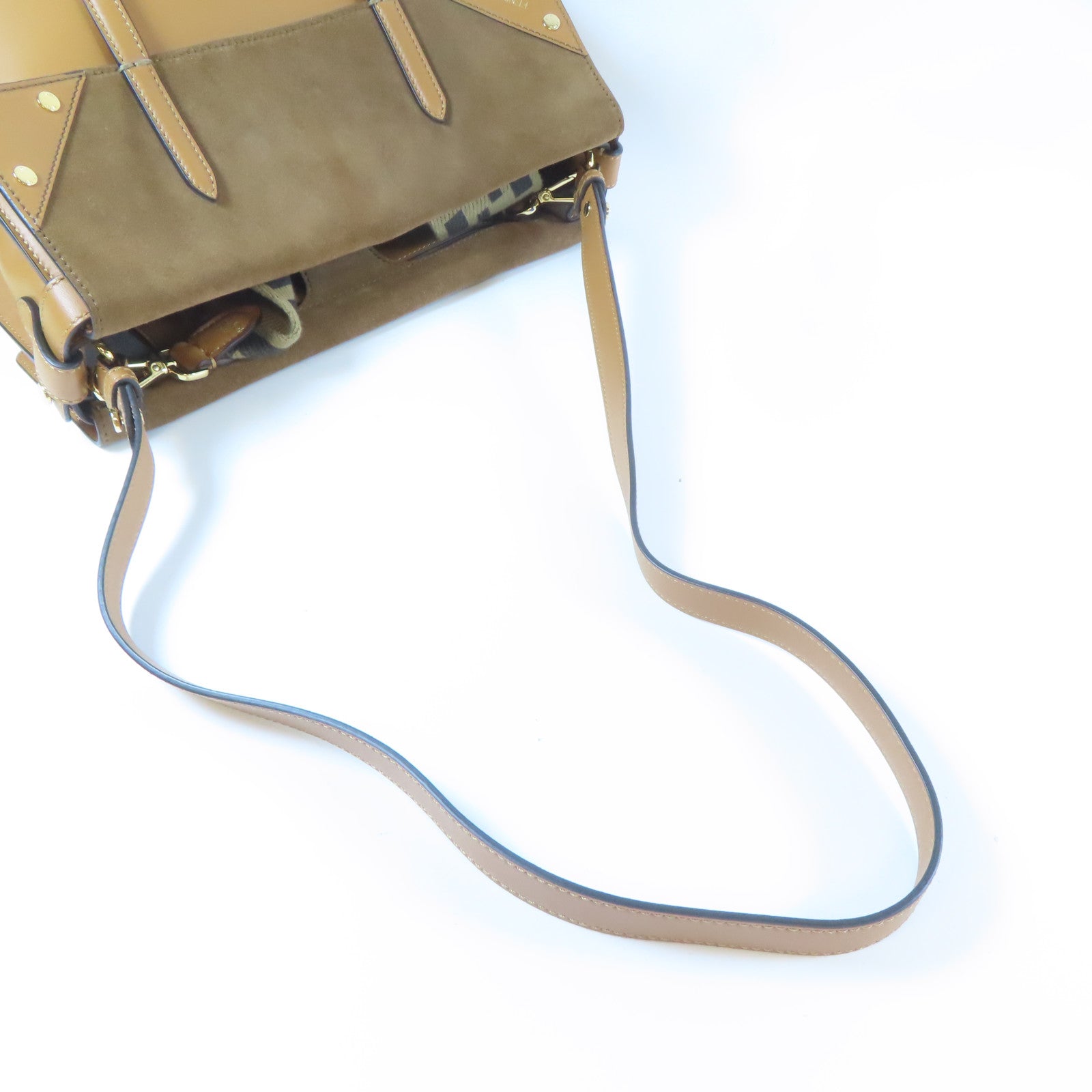 FENDI 牛皮皮革/麂皮皮革Flip Tote Shoulder Bag金扣手挽肩背兩用袋啡色