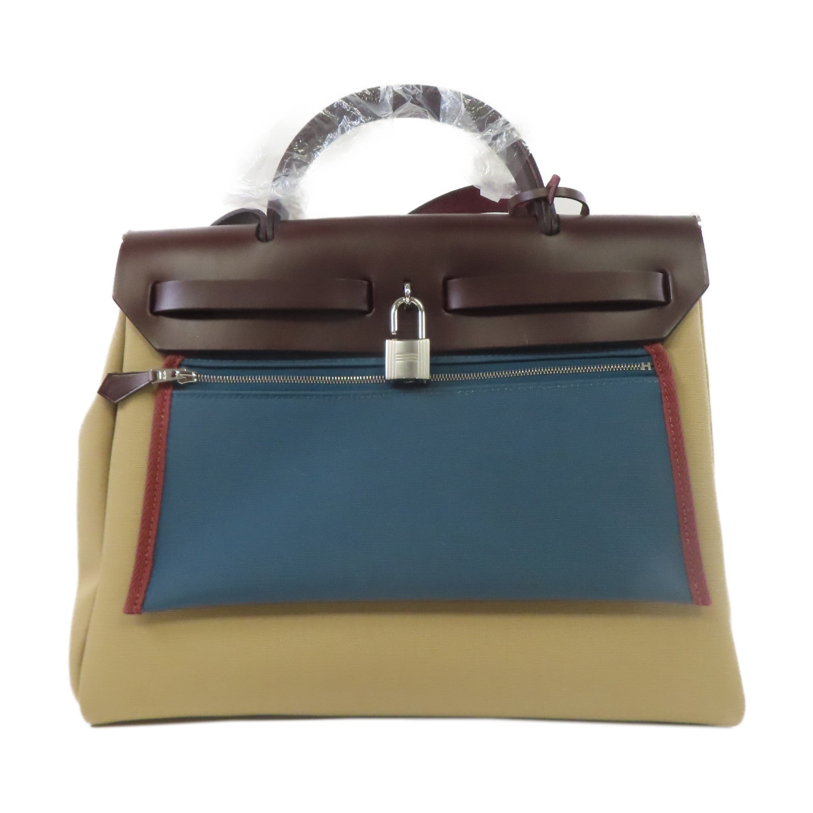 HERMES 帆布Herbag PM銀扣手挽肩背兩用袋風衣卡其色