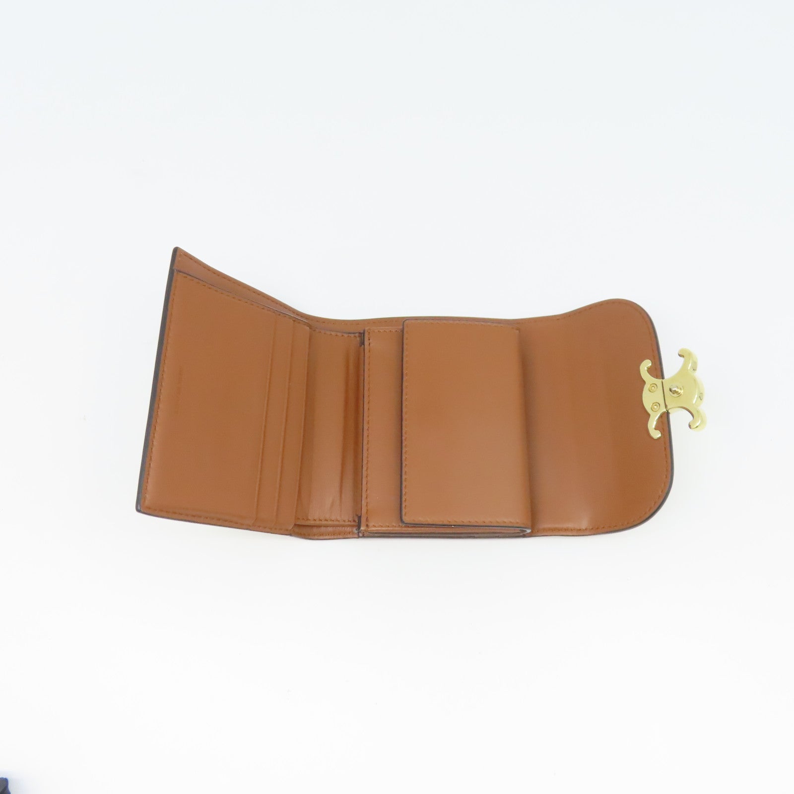 CELINE 牛皮皮革/帆布Wallet金扣錢包棕色/米色