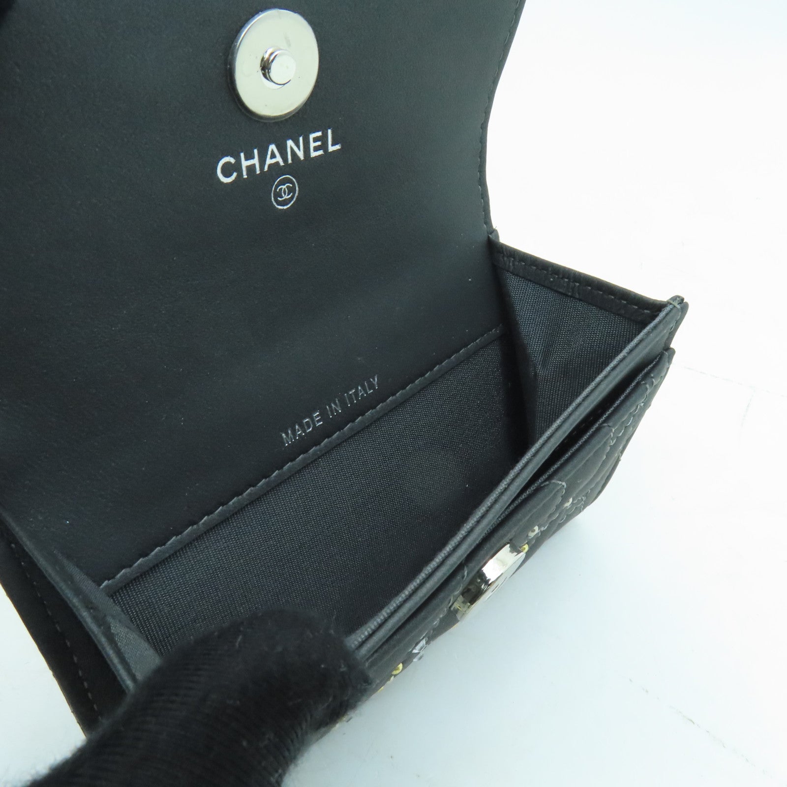 CHANEL 羊皮皮革Card Case銀扣卡片套灰色