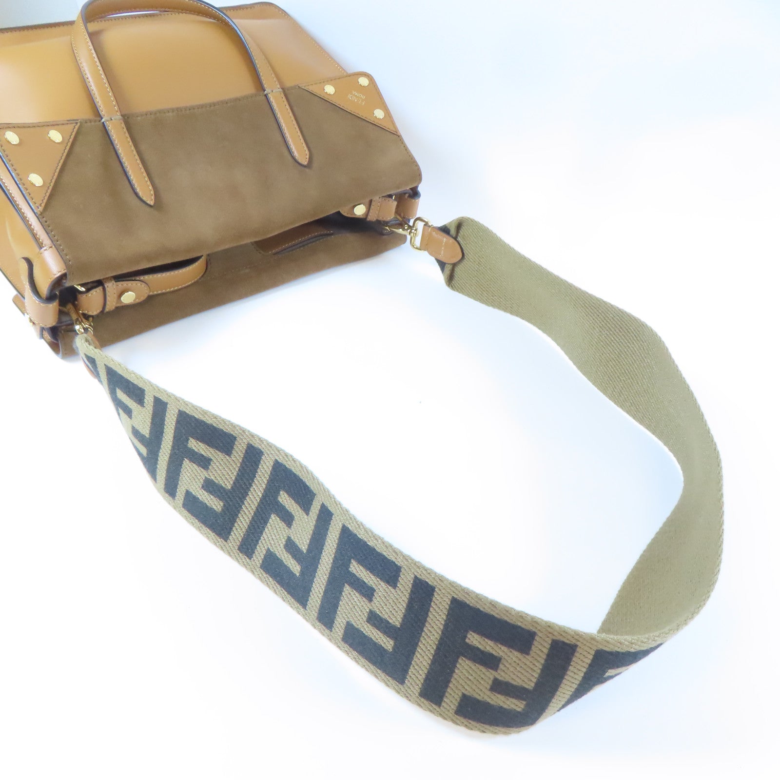 FENDI 牛皮皮革/麂皮皮革Flip Tote Shoulder Bag金扣手挽肩背兩用袋啡色