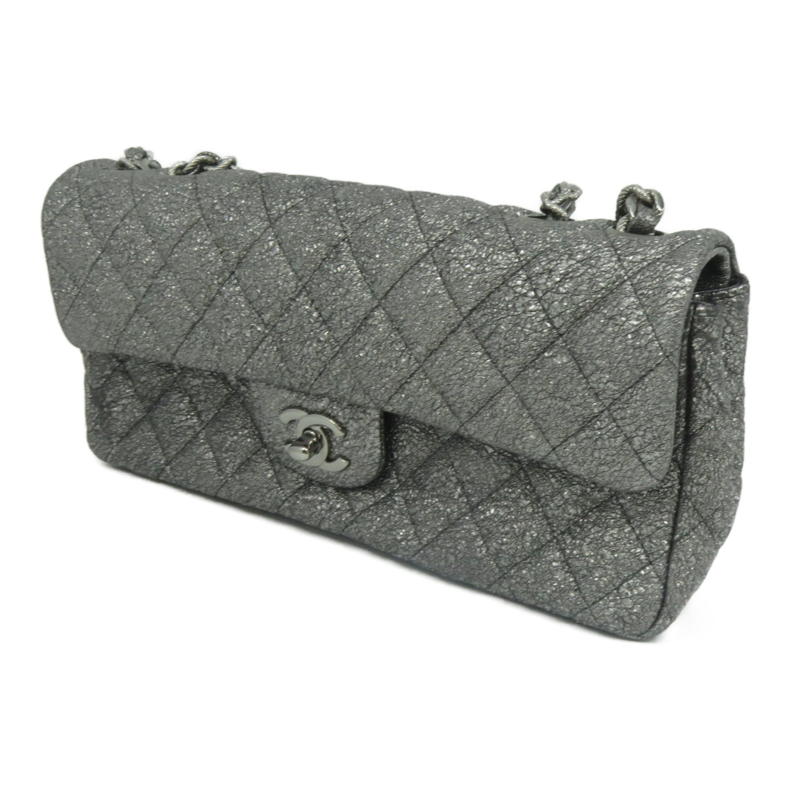 CHANEL 菱格牛皮皮革Chain Shoulder銀扣鏈帶肩背袋銀色