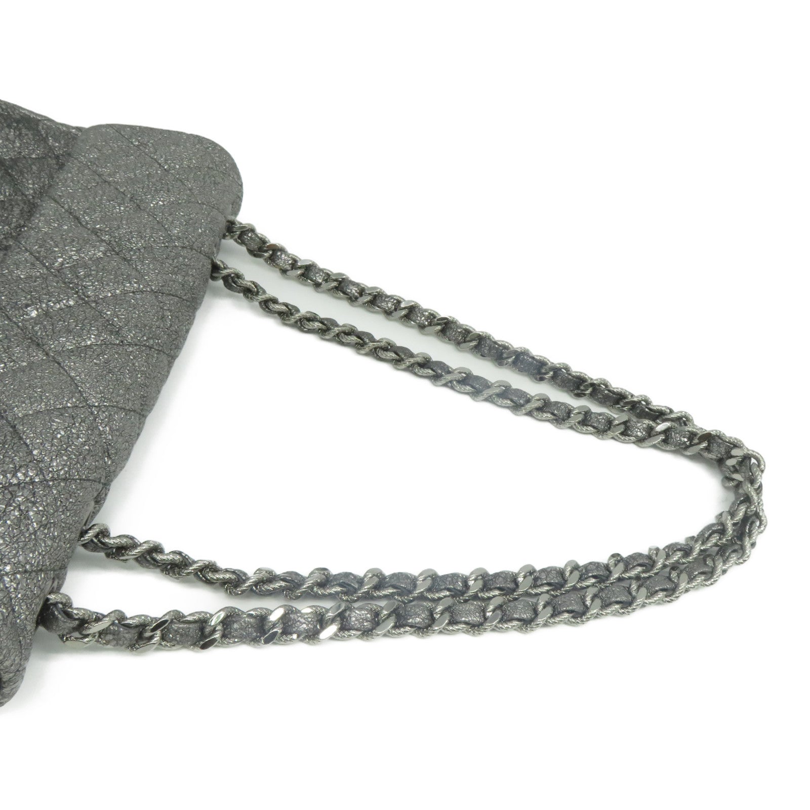 CHANEL 菱格牛皮皮革Chain Shoulder銀扣鏈帶肩背袋銀色