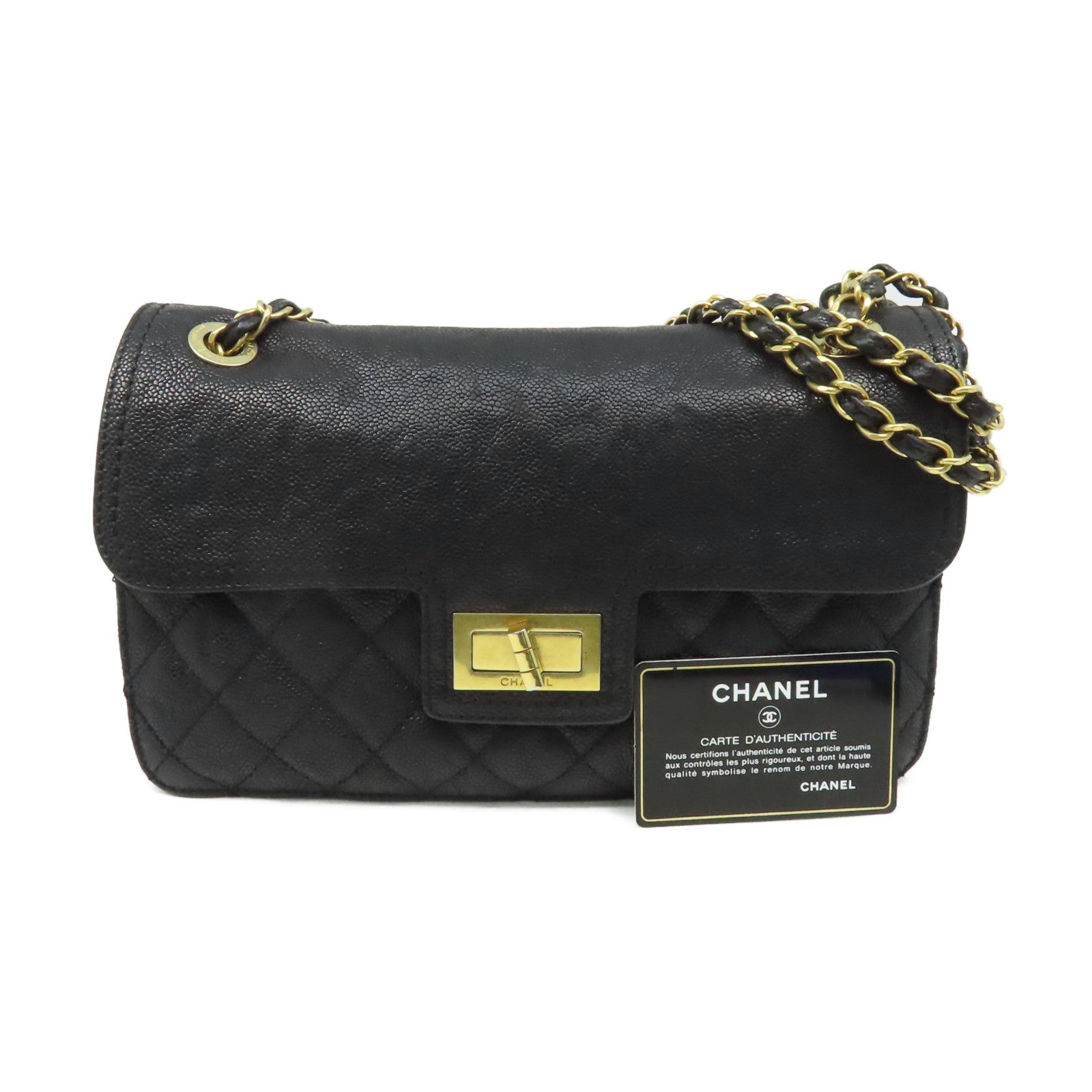 CHANEL 菱格Caviar皮革Chain Shoulder Bag金扣鏈帶肩背袋黑色