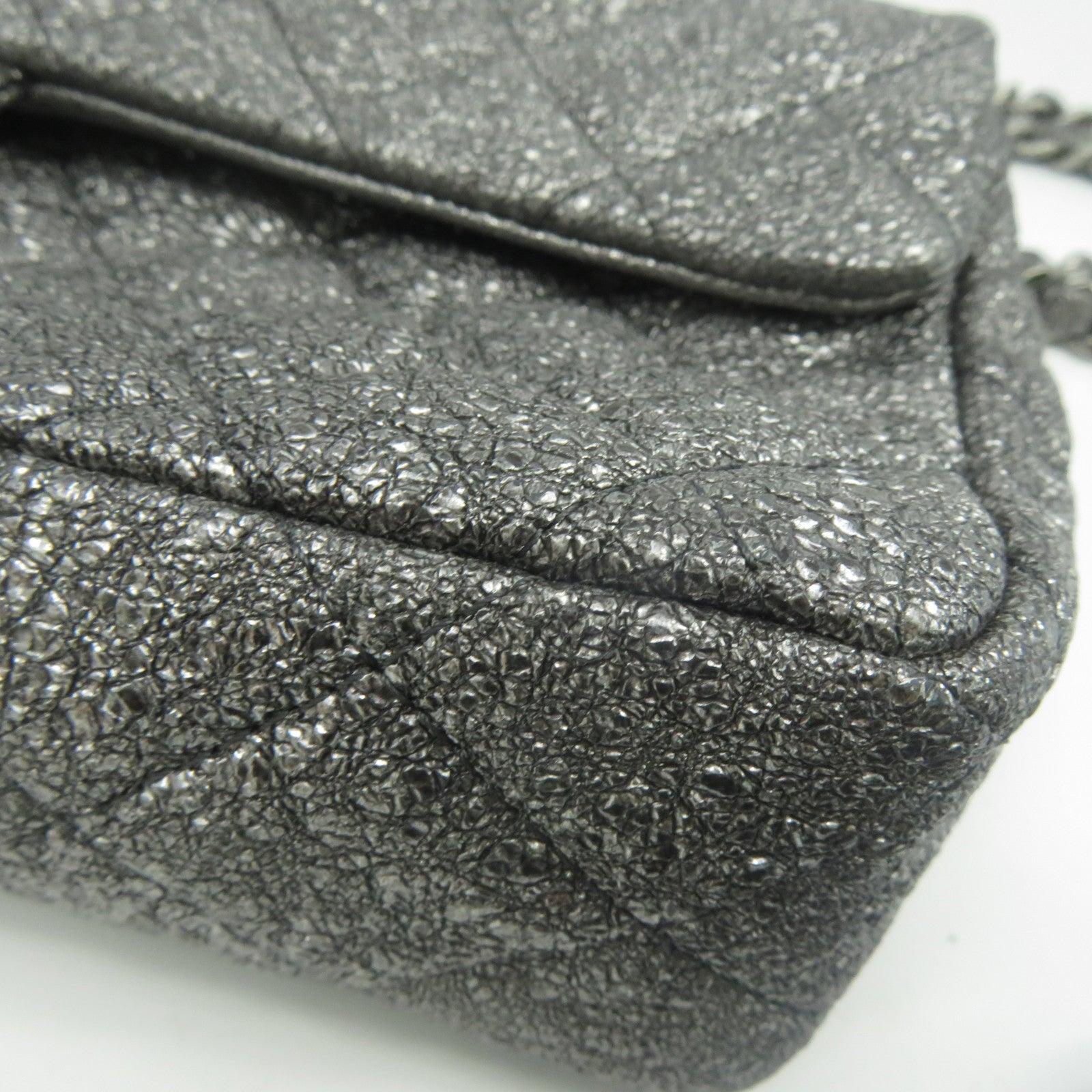 CHANEL 菱格牛皮皮革Chain Shoulder銀扣鏈帶肩背袋銀色