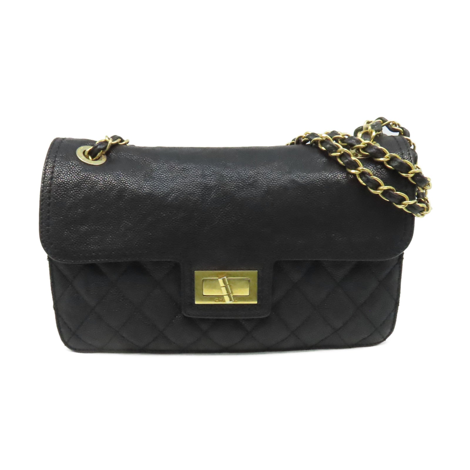 CHANEL 菱格Caviar皮革Chain Shoulder Bag金扣鏈帶肩背袋黑色