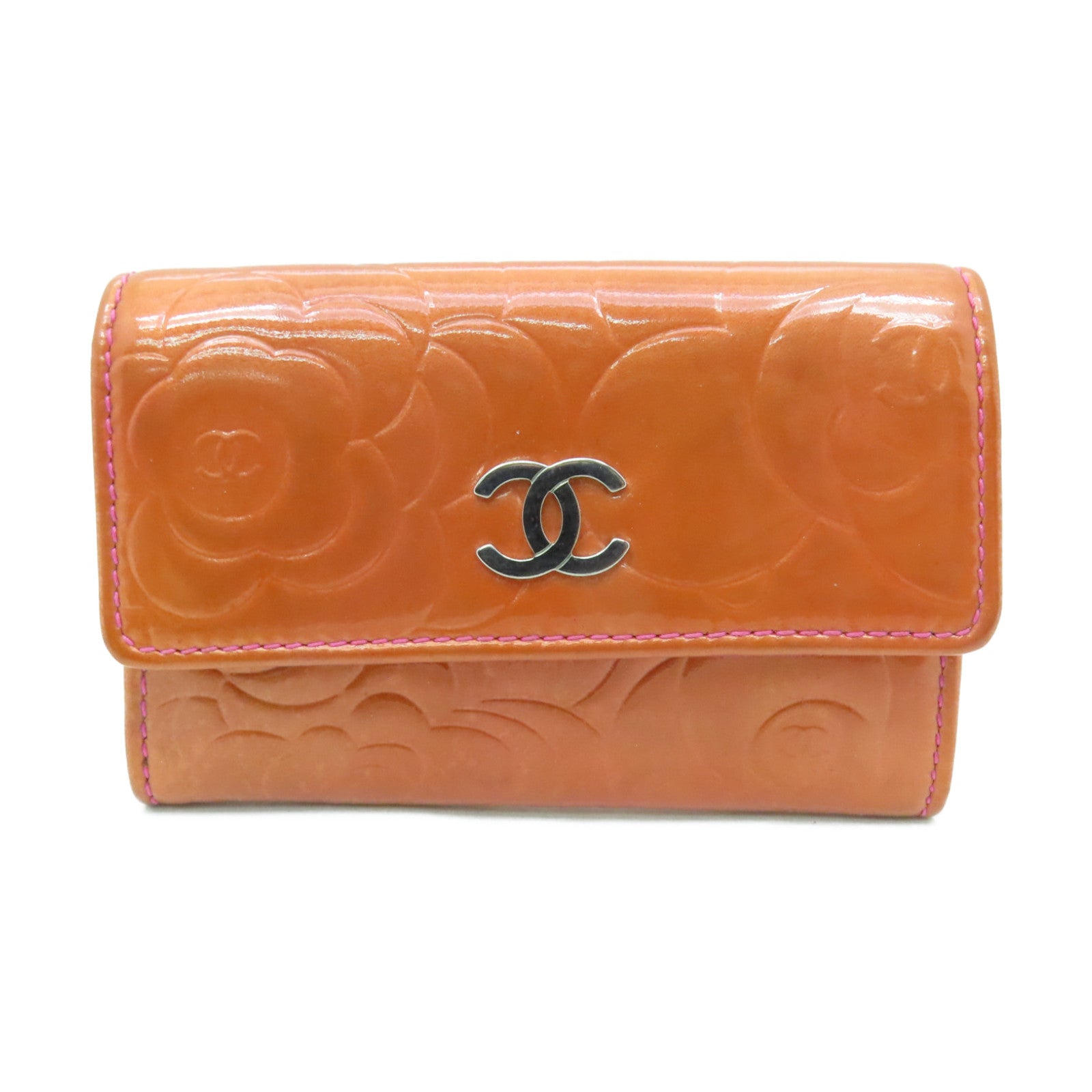 CHANEL 漆皮皮革Card Case銀扣卡片套橙色