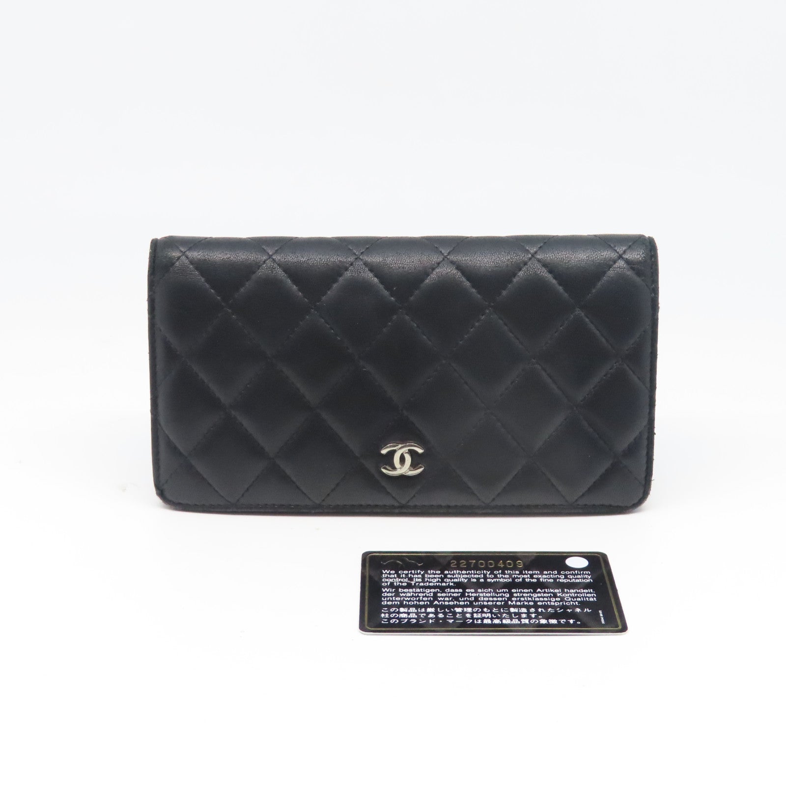 CHANEL 菱格牛皮皮革Long Wallet銀扣長錢包黑色
