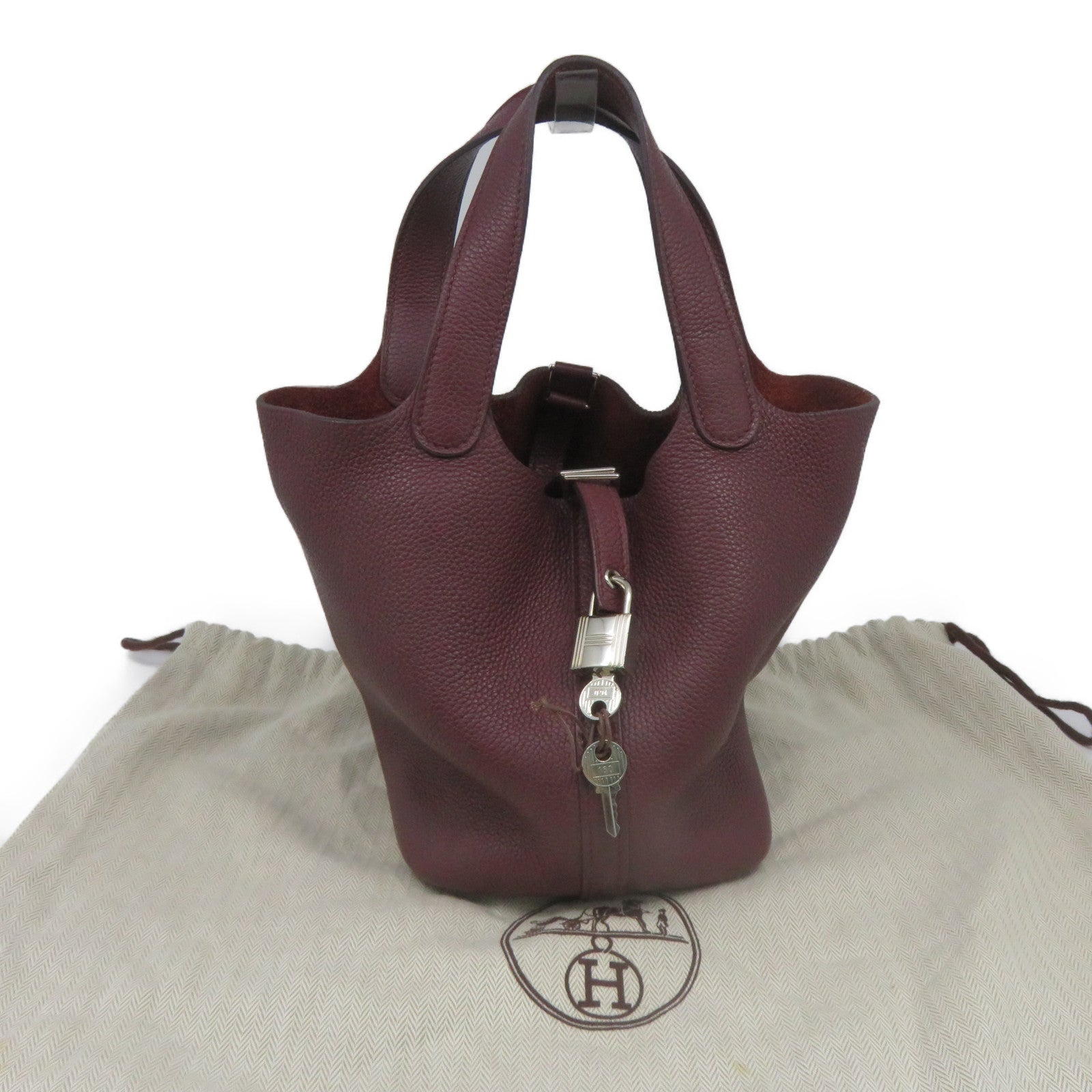 HERMES Clemence皮革Picotin PM银扣手挽袋Rouge H酒红色