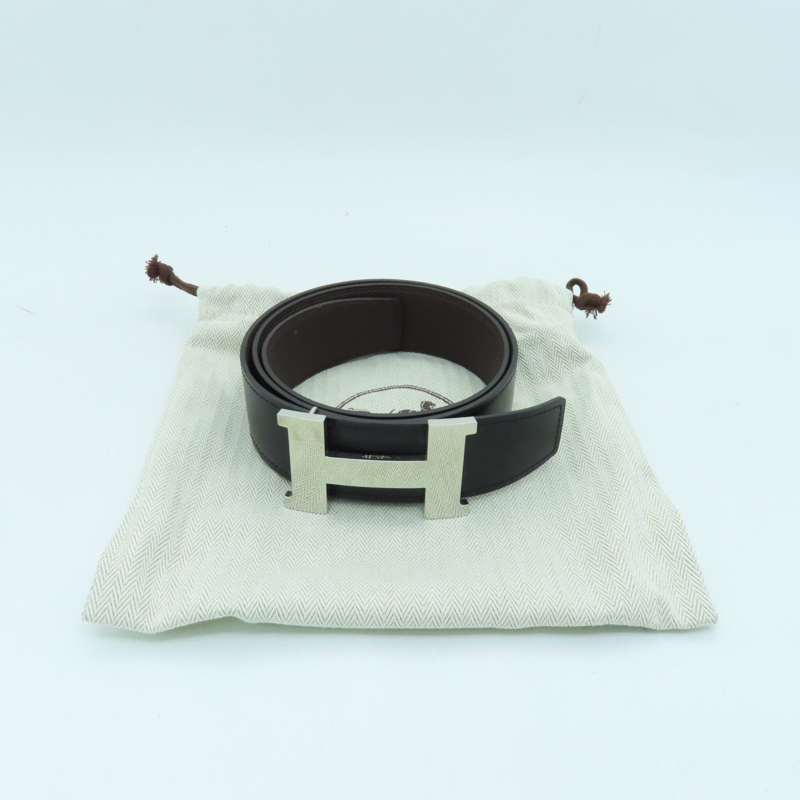 HERMES Swift Leather Belt 80cm Silver Buckle Black/Brown