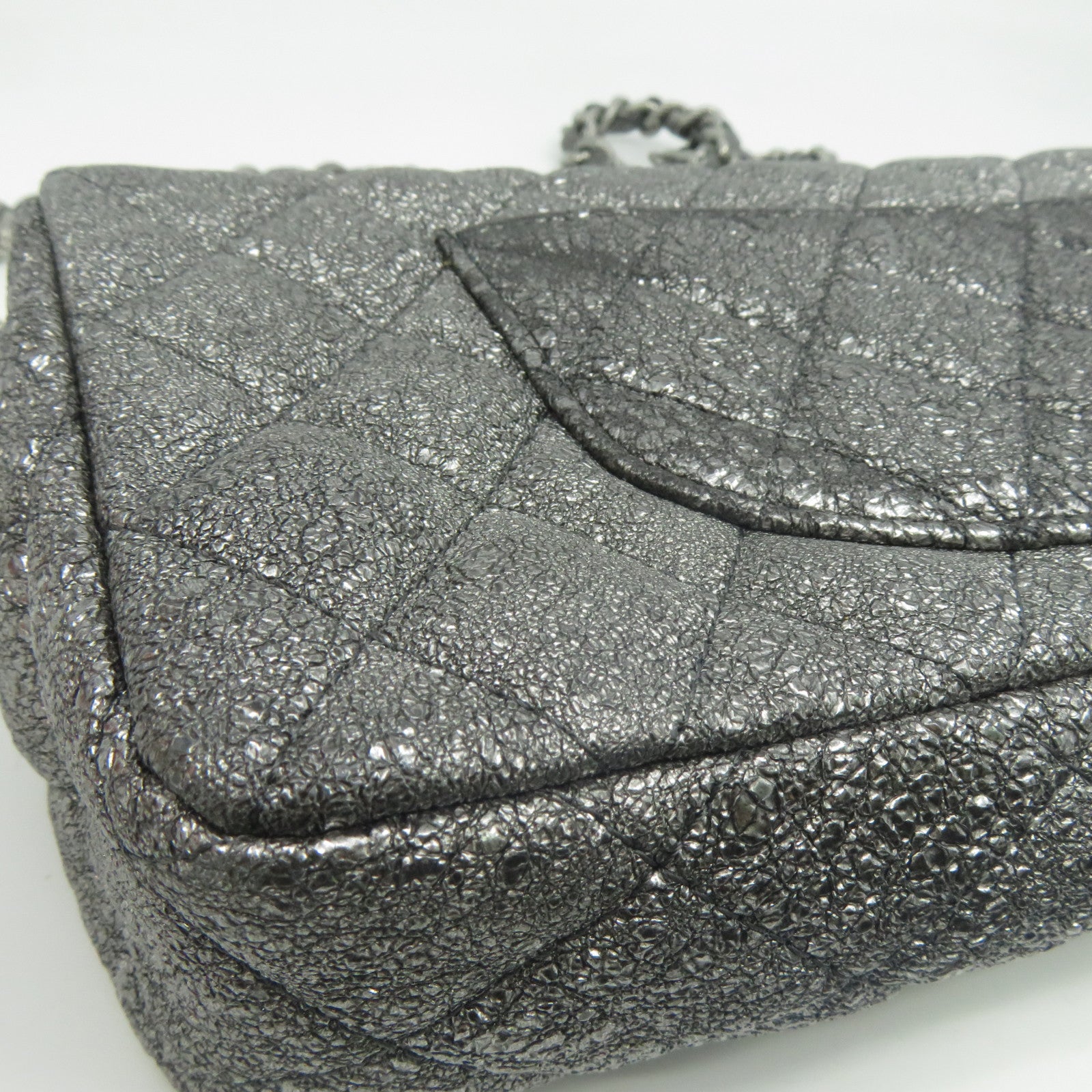 CHANEL 菱格牛皮皮革Chain Shoulder銀扣鏈帶肩背袋銀色