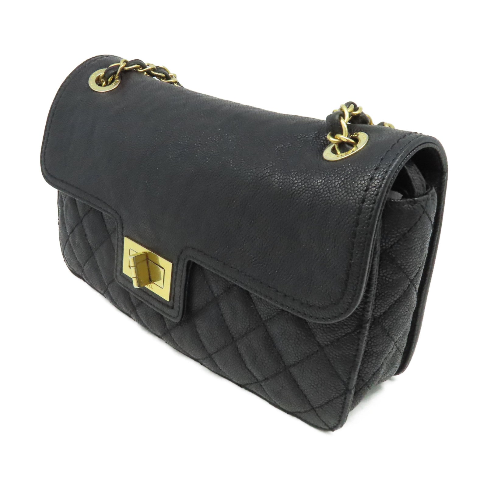 CHANEL 菱格Caviar皮革Chain Shoulder Bag金扣鏈帶肩背袋黑色