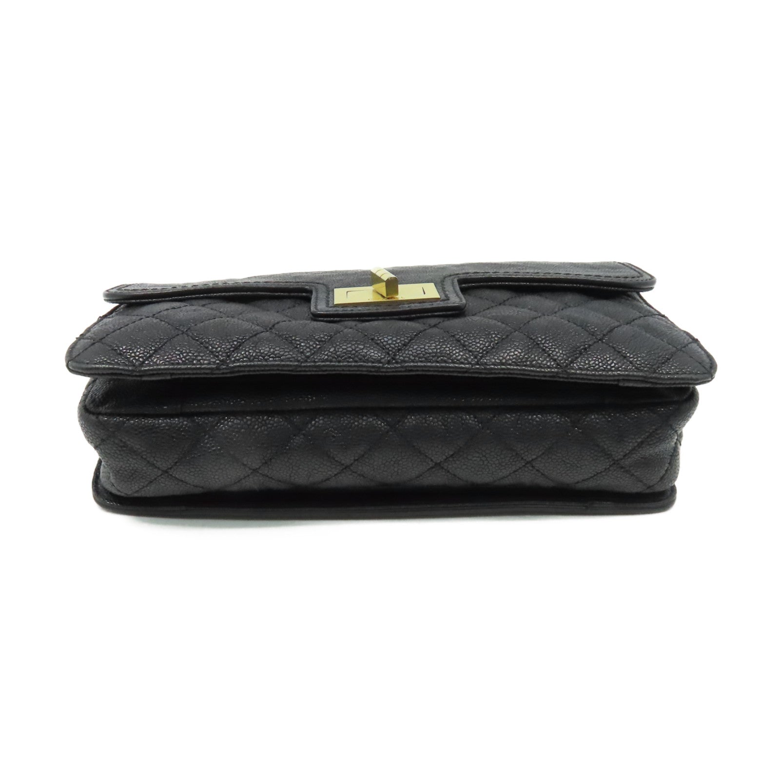 CHANEL 菱格Caviar皮革Chain Shoulder Bag金扣鏈帶肩背袋黑色