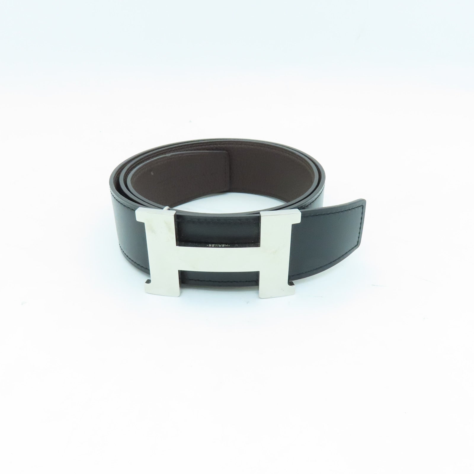 HERMES Swift Leather Belt 80cm Silver Buckle Black/Brown