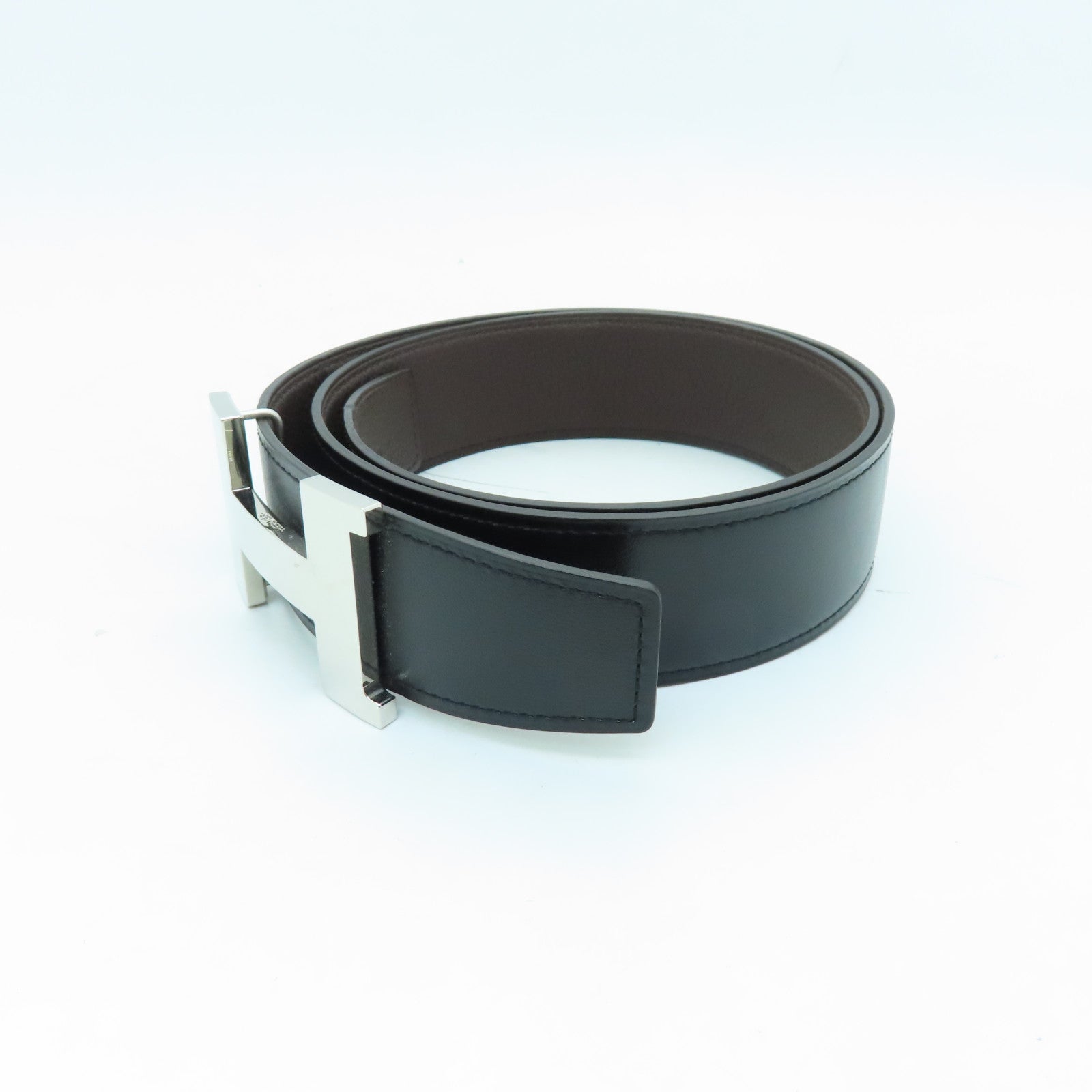 HERMES Swift Leather Belt 80cm Silver Buckle Black/Brown