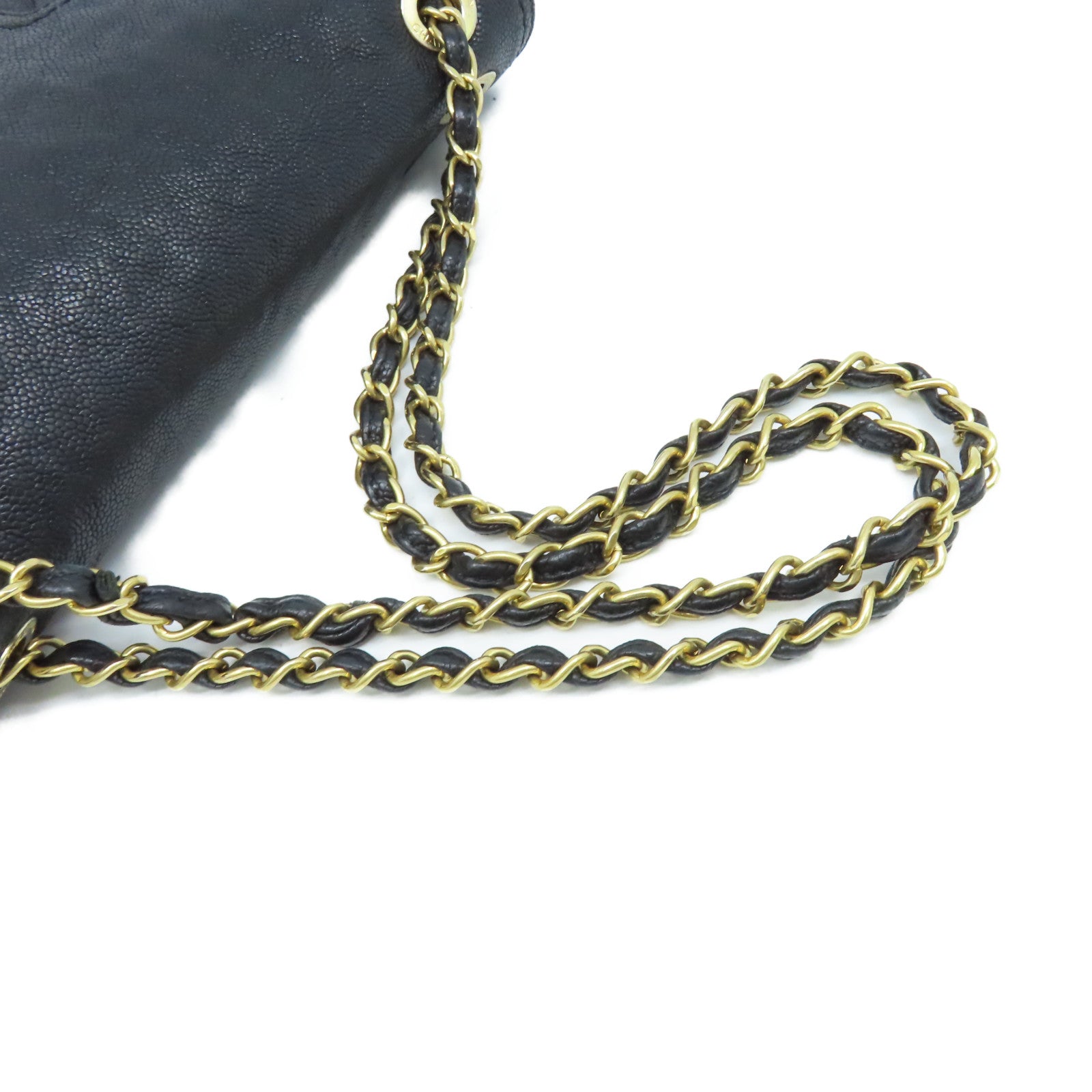 CHANEL 菱格Caviar皮革Chain Shoulder Bag金扣鏈帶肩背袋黑色