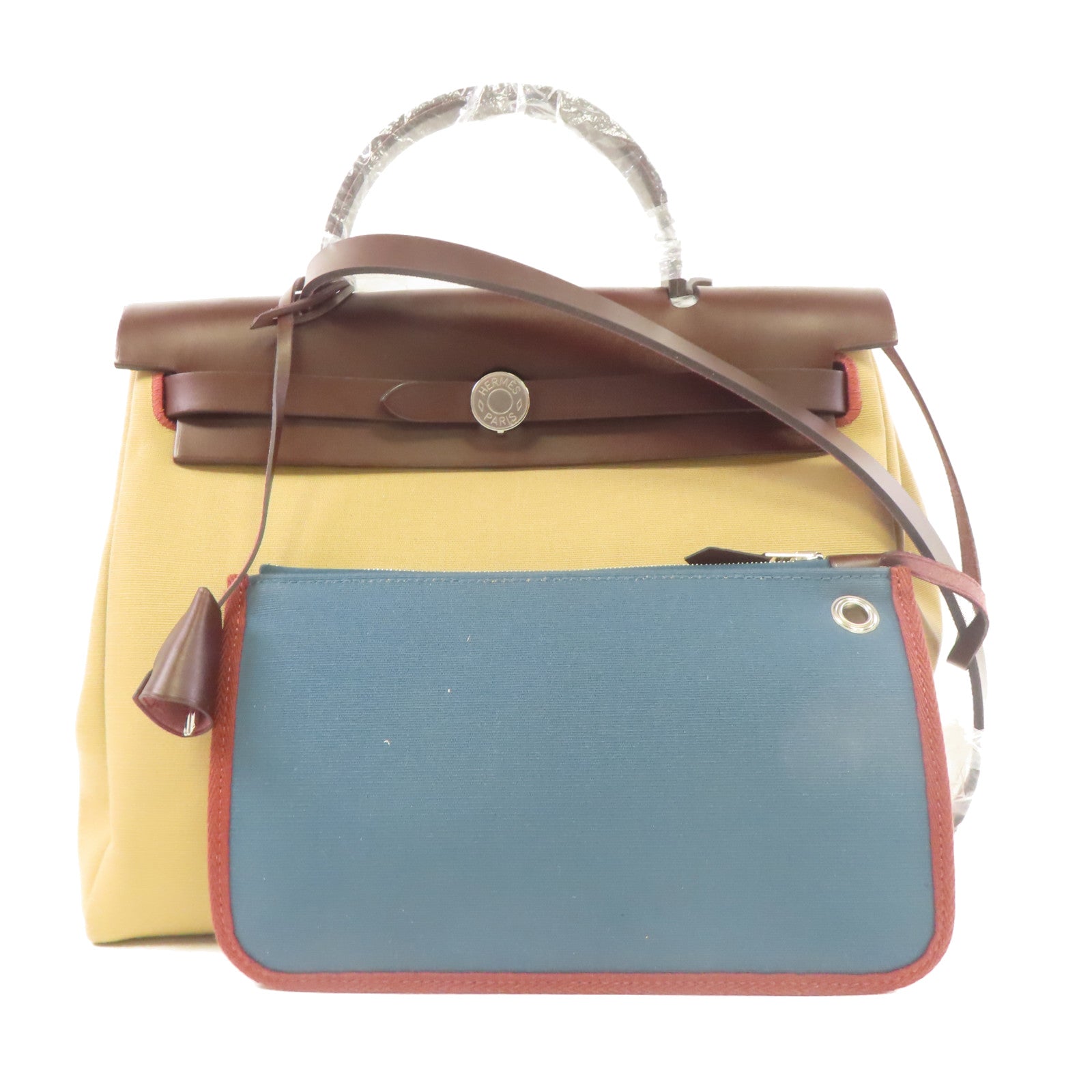 HERMES 帆布Herbag PM銀扣手挽肩背兩用袋風衣卡其色