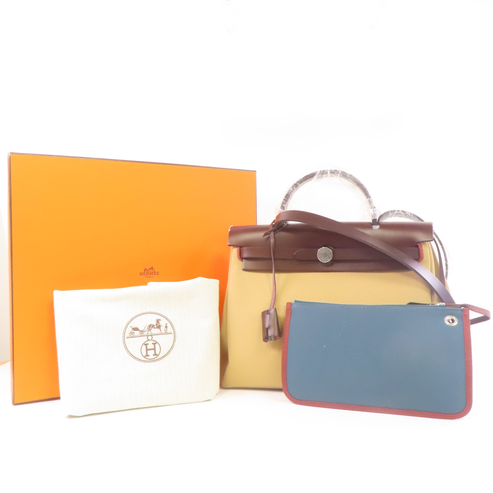 HERMES 帆布Herbag PM銀扣手挽肩背兩用袋風衣卡其色
