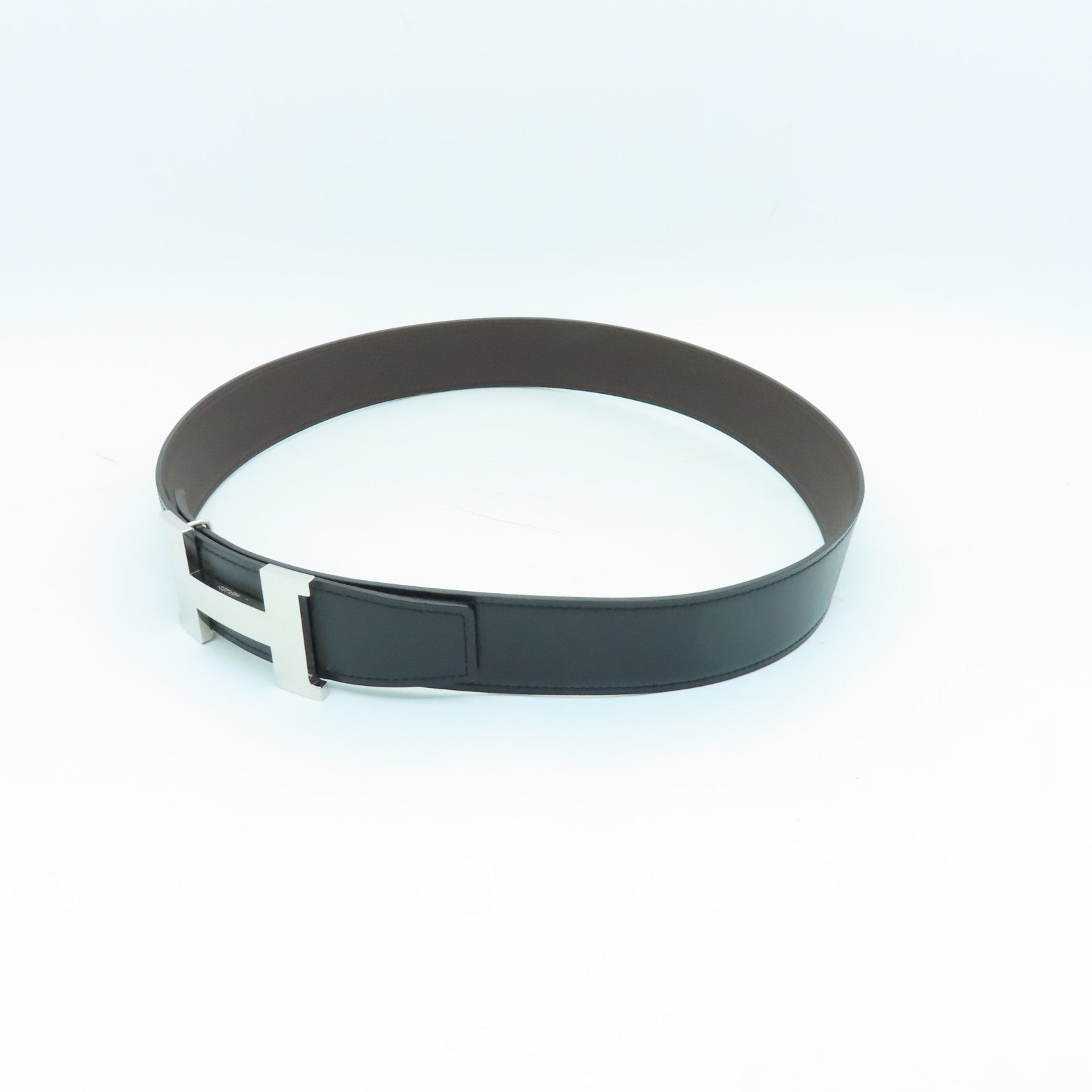 HERMES Swift Leather Belt 80cm Silver Buckle Black/Brown