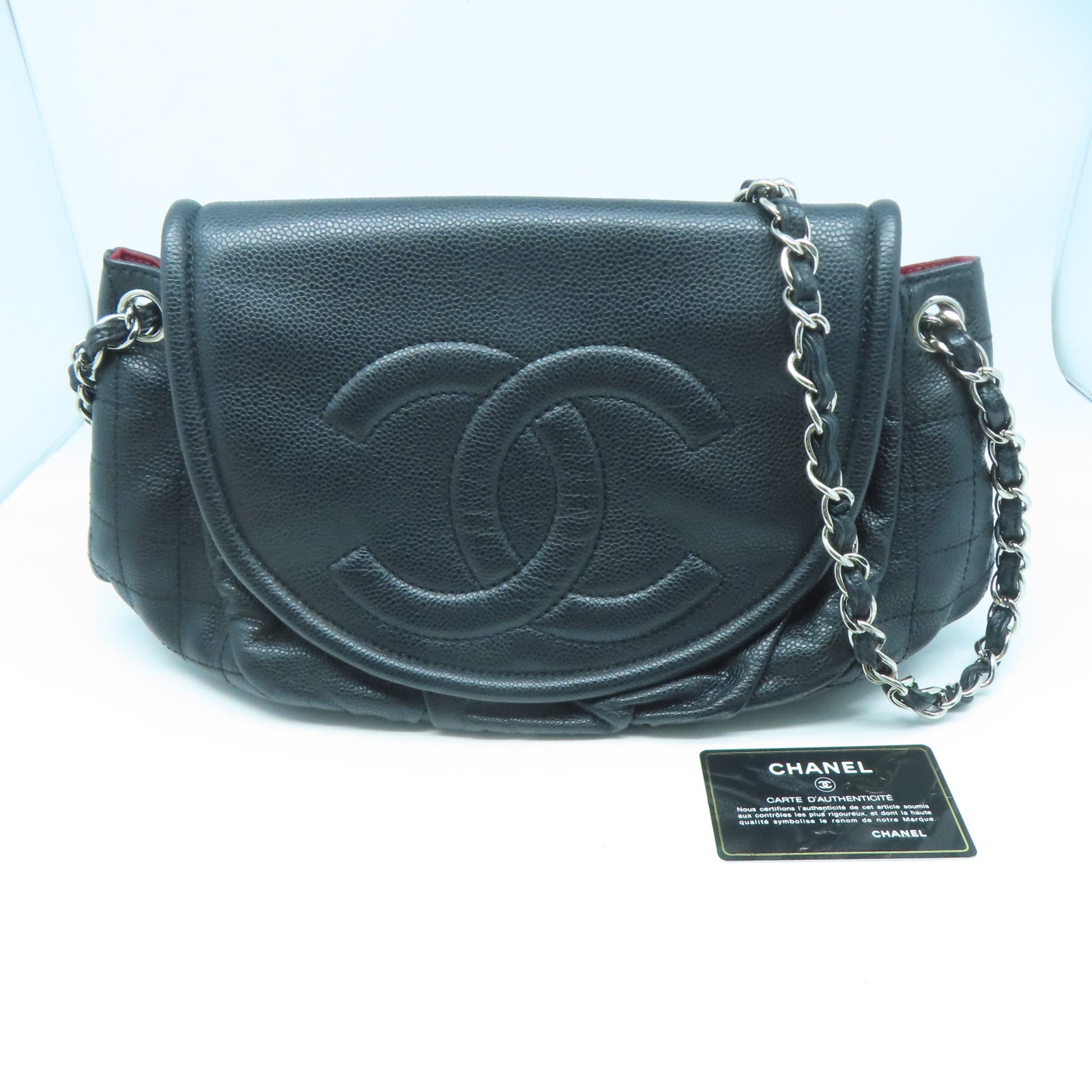 CHANEL 菱格Caviar皮革Chain Shoulder銀扣手挽肩背兩用袋黑色