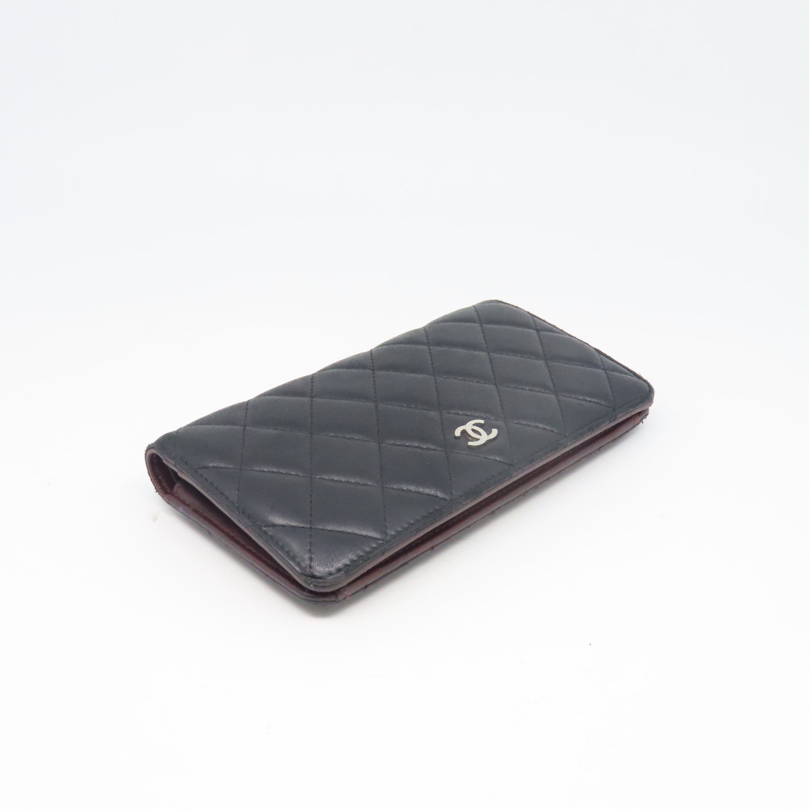 CHANEL 菱格牛皮皮革Long Wallet銀扣長錢包黑色