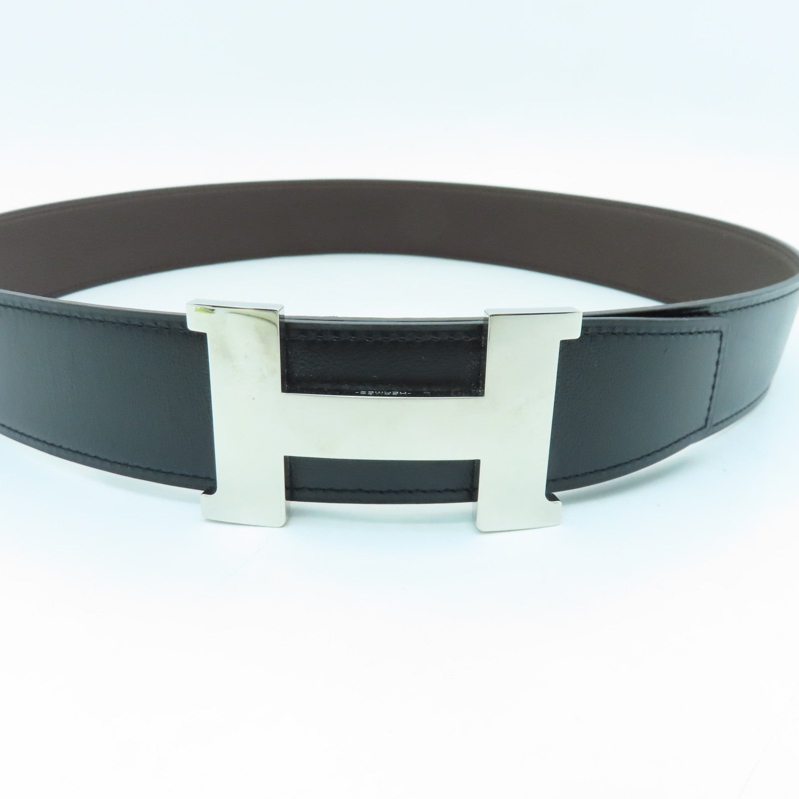 HERMES Swift Leather Belt 80cm Silver Buckle Black/Brown