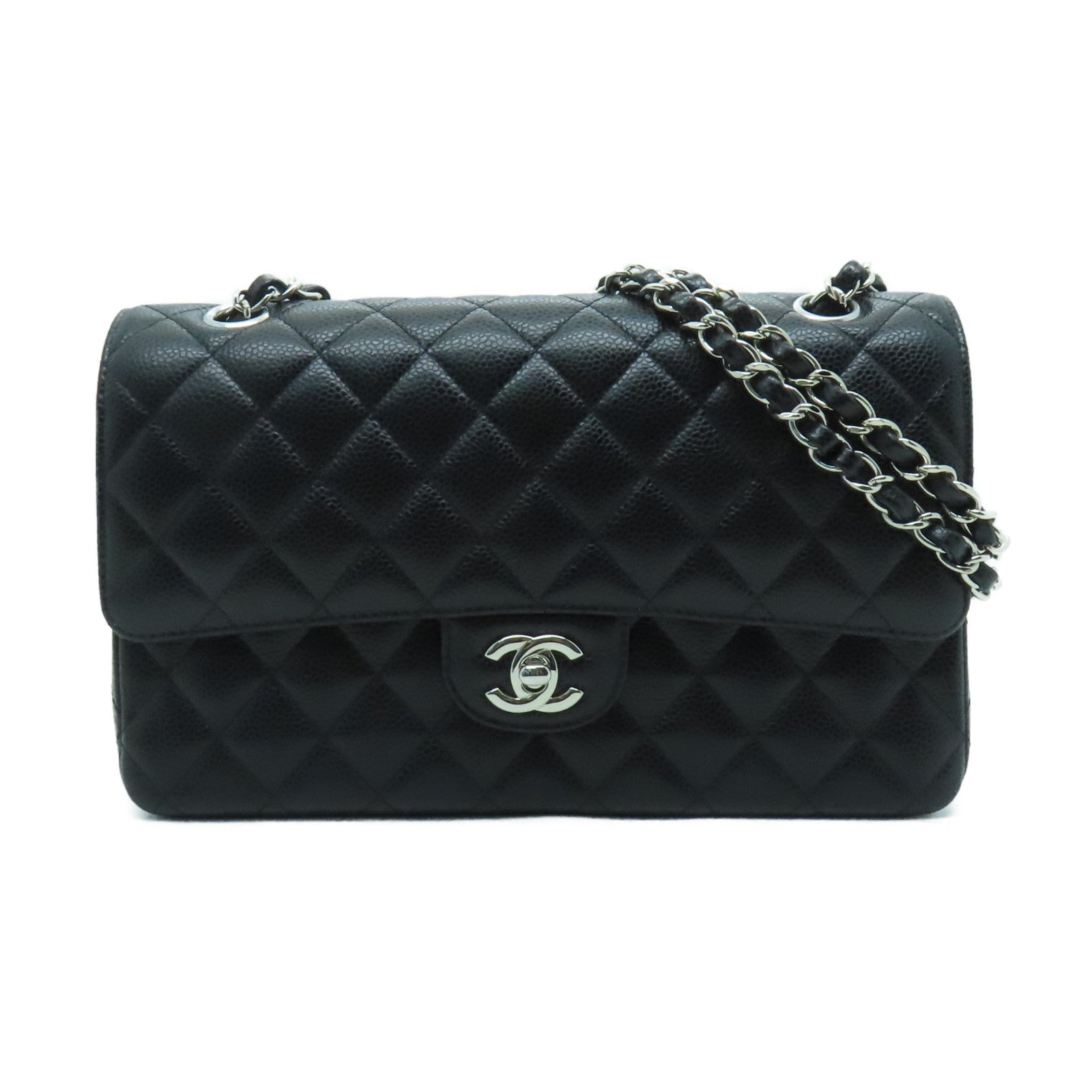 CHANEL 菱格Caviar皮革Classic 25cm銀扣鏈帶肩背袋黑色
