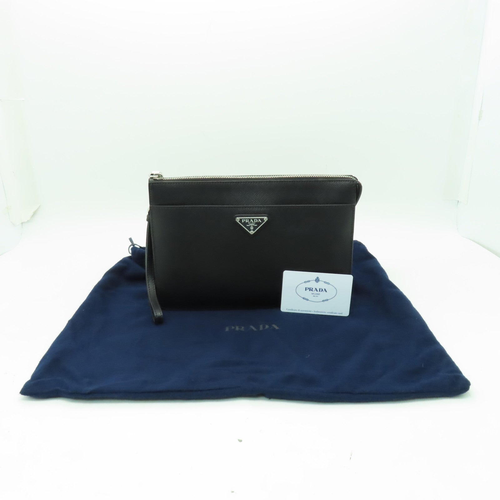 PRADA 牛皮皮革Clutch Bag銀扣手拿包黑色