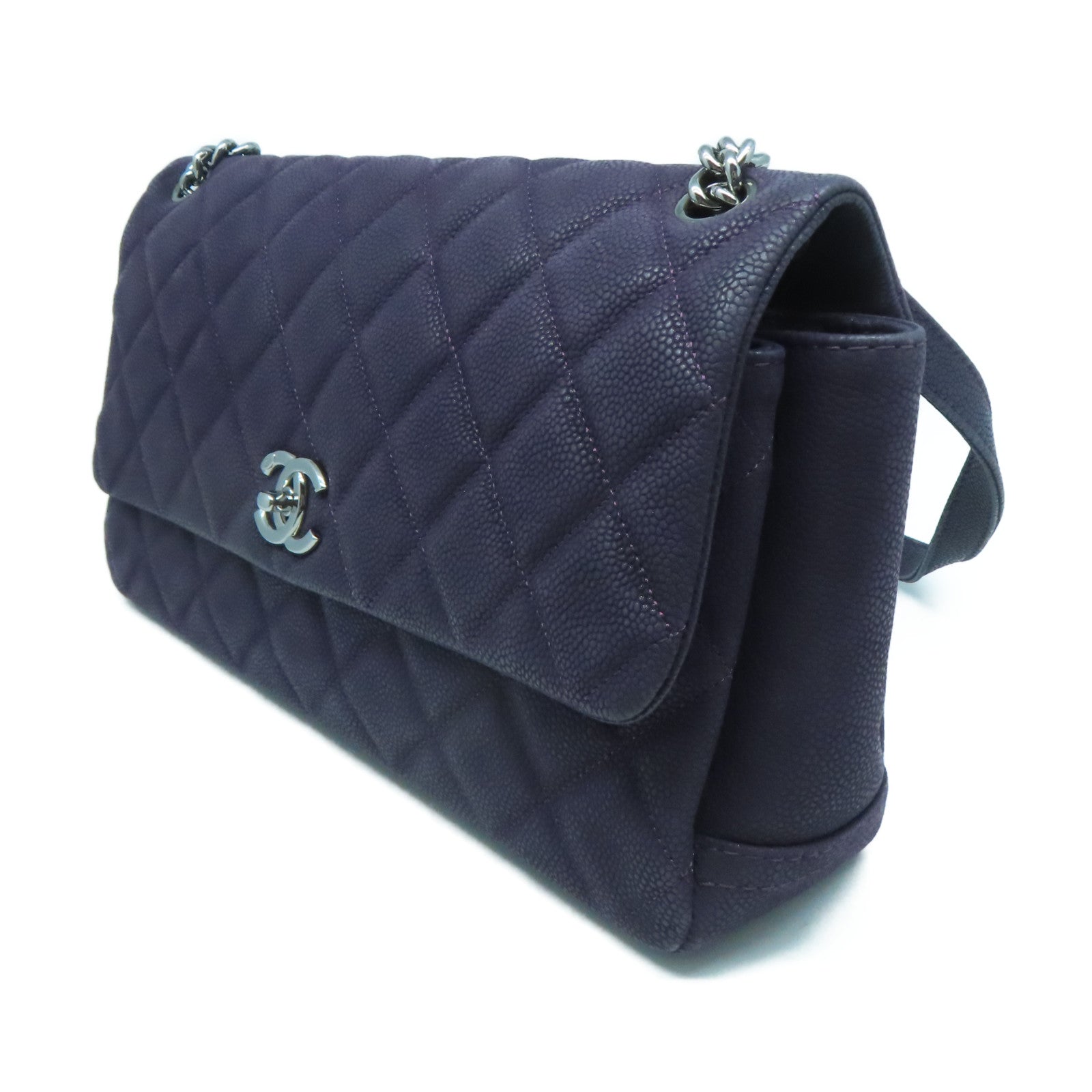 CHANEL 【激減優惠】菱格牛皮皮革Chain Shoulder銀扣手挽肩背兩用袋紫色