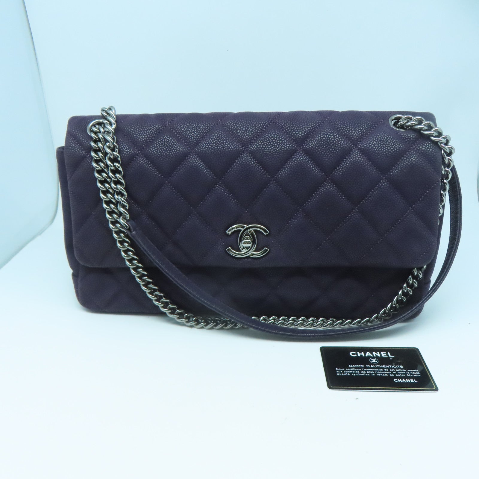CHANEL 【激減優惠】菱格牛皮皮革Chain Shoulder銀扣手挽肩背兩用袋紫色