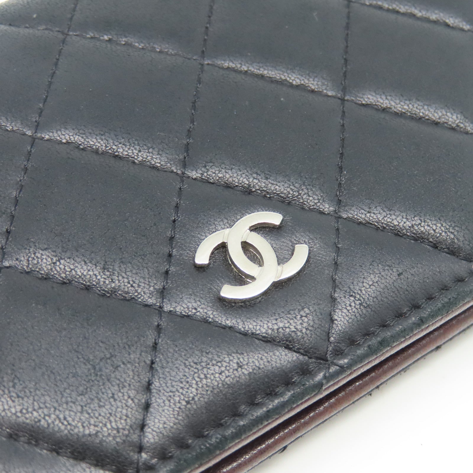 CHANEL 菱格牛皮皮革Long Wallet銀扣長錢包黑色