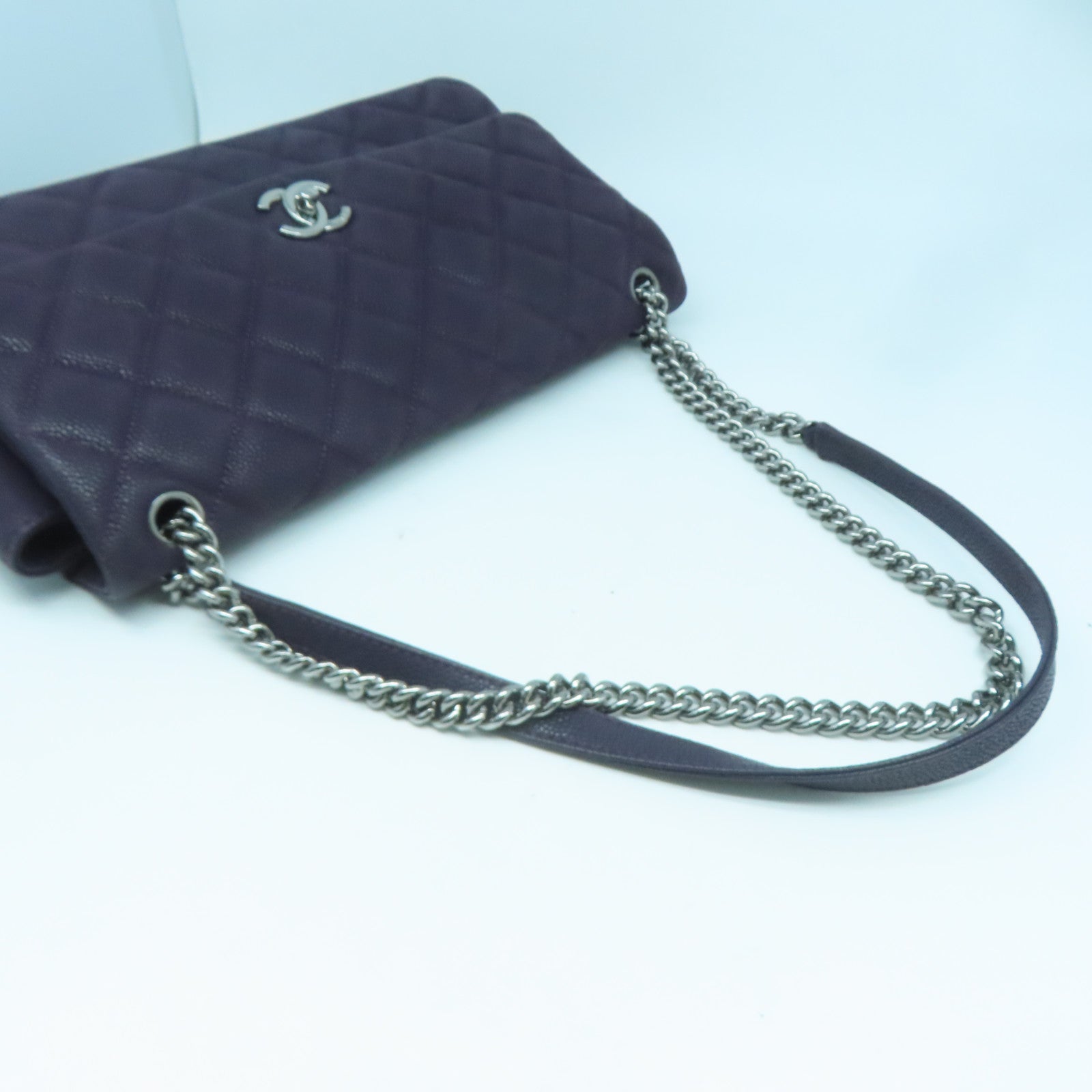 CHANEL 【激減優惠】菱格牛皮皮革Chain Shoulder銀扣手挽肩背兩用袋紫色