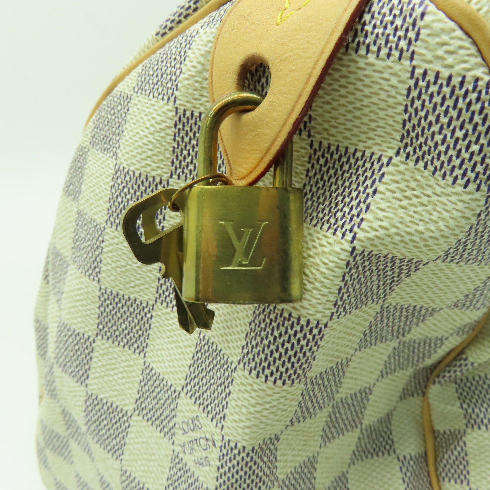 LOUIS VUITTON Damier Azur Speedy 25金扣手挽袋白色