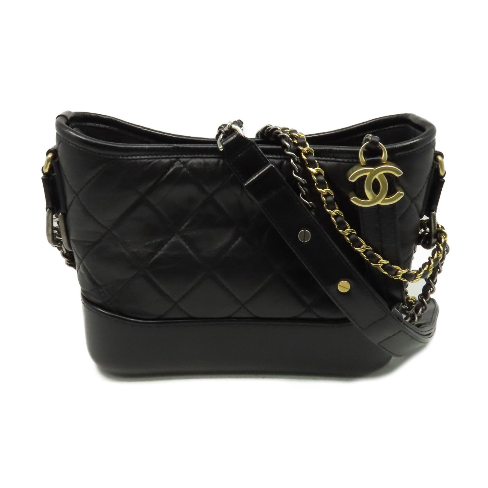 CHANEL 菱格羊皮皮革Gabrielle Hobo Small Chain Shoulder Bag金扣鏈帶肩背袋黑色