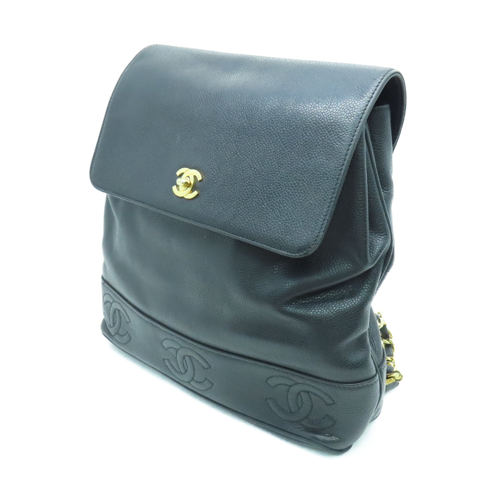 CHANEL Caviar皮革Vintage Backpack金扣鏈帶背包黑色