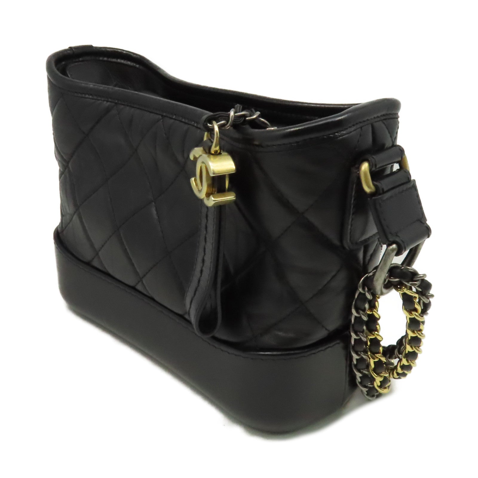 CHANEL 菱格羊皮皮革Gabrielle Hobo Small Chain Shoulder Bag金扣鏈帶肩背袋黑色