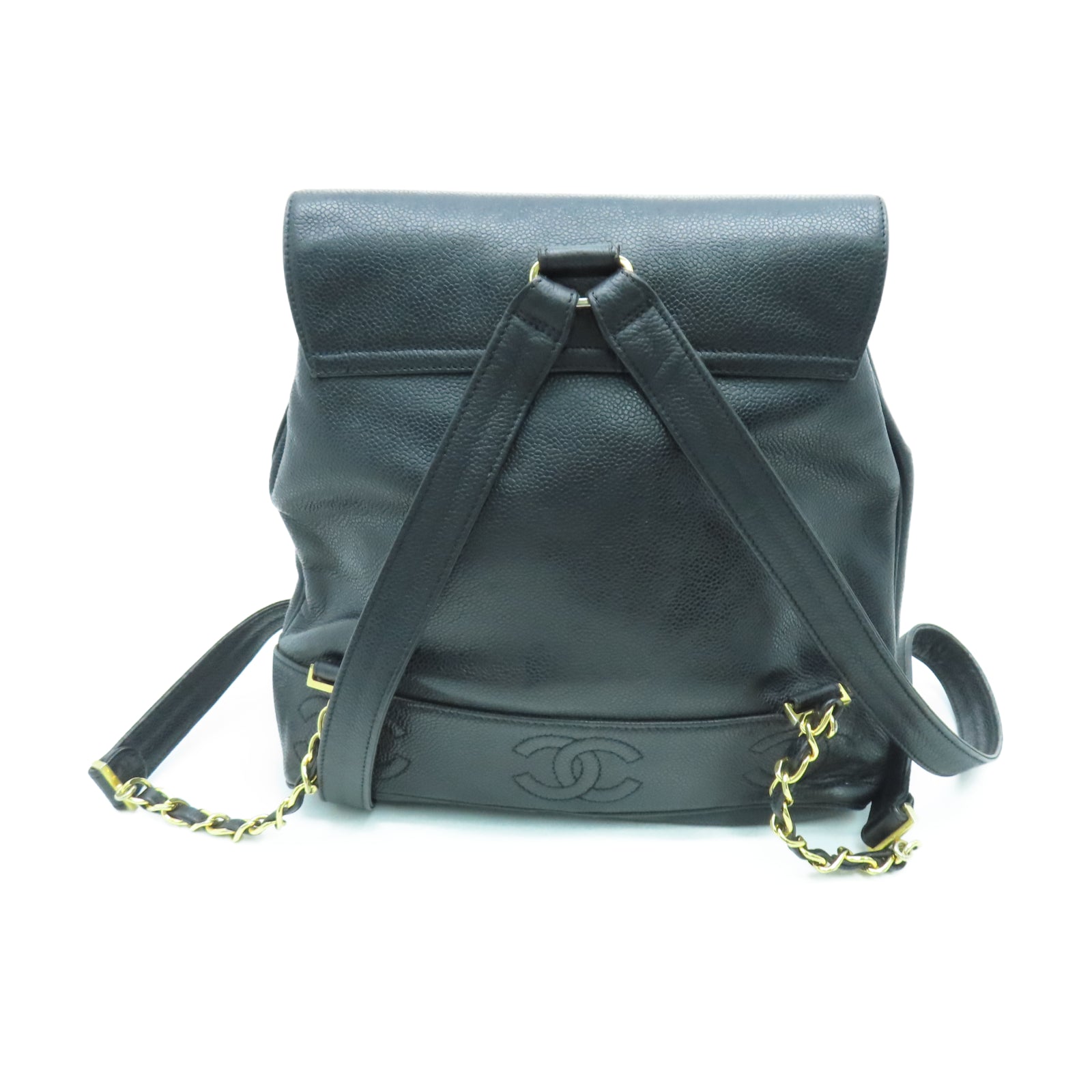 CHANEL Caviar皮革Vintage Backpack金扣鏈帶背包黑色