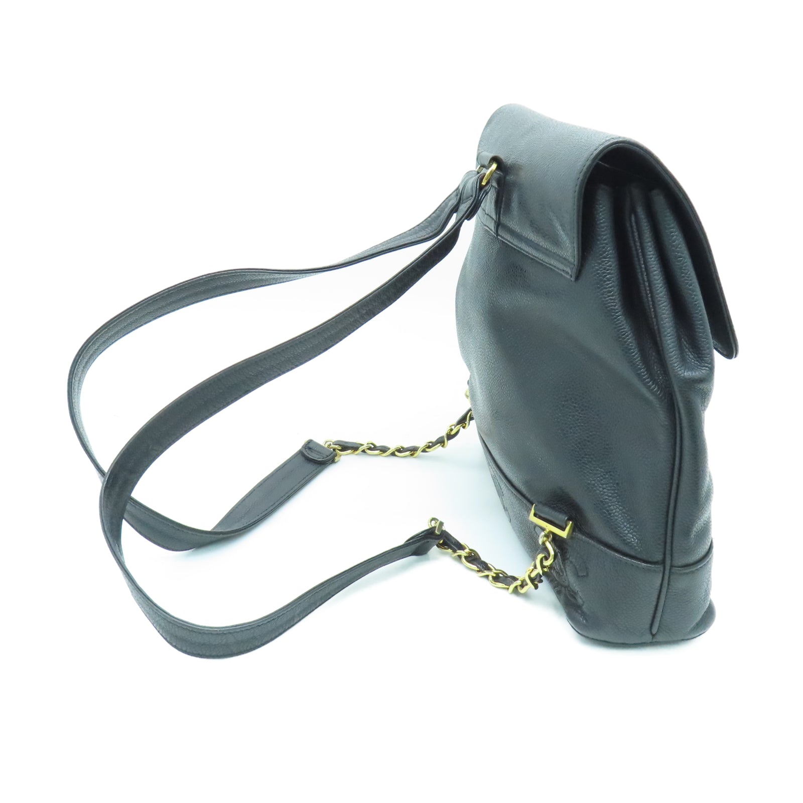 CHANEL Caviar皮革Vintage Backpack金扣鏈帶背包黑色