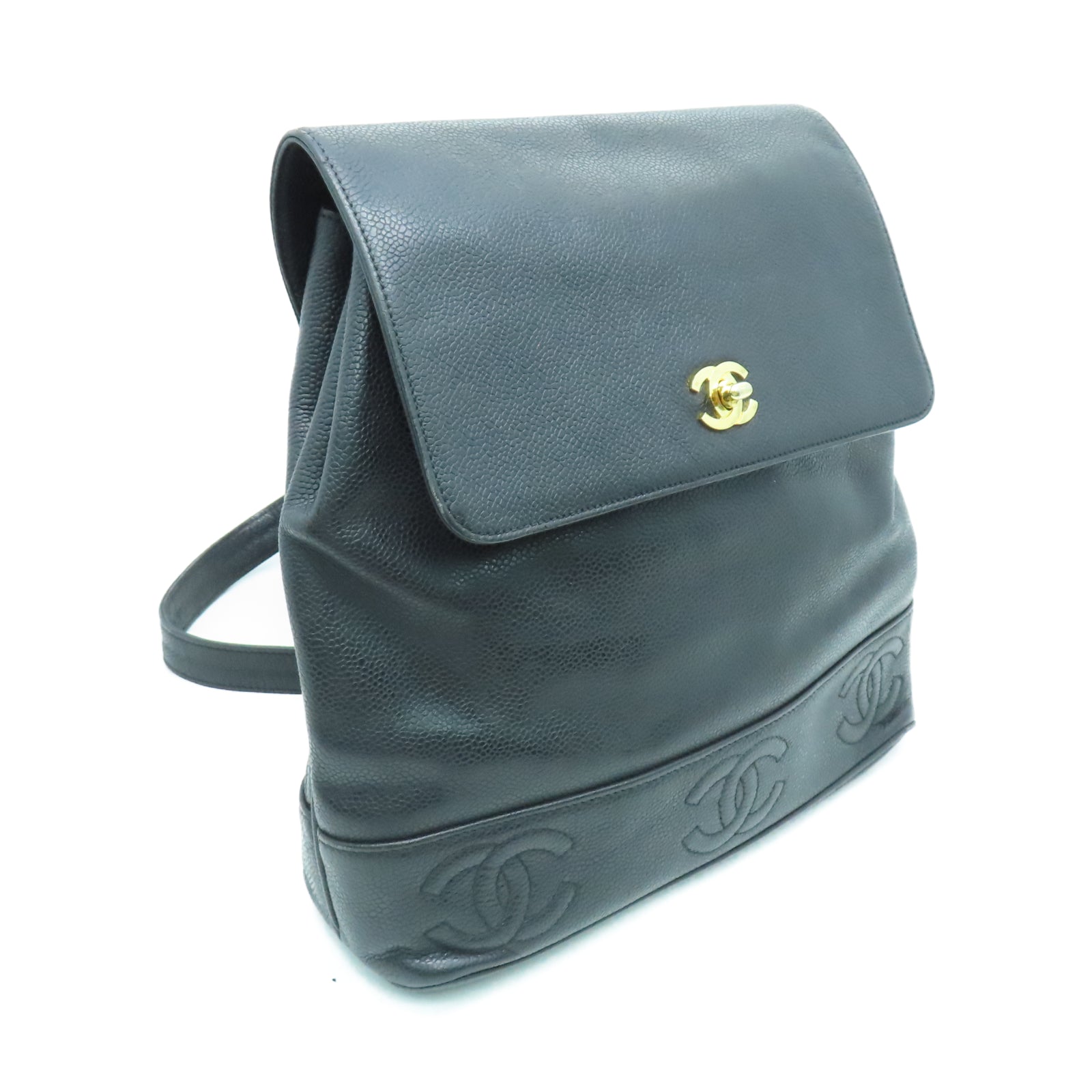 CHANEL Caviar皮革Vintage Backpack金扣鏈帶背包黑色