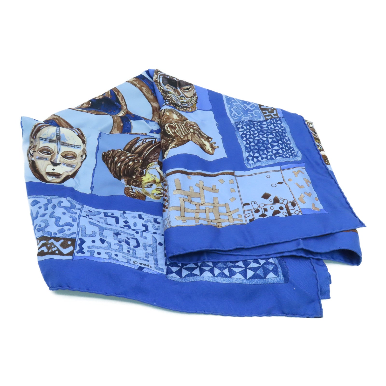 HERMES Silk Scarf 90 Scarf Blue/Brown