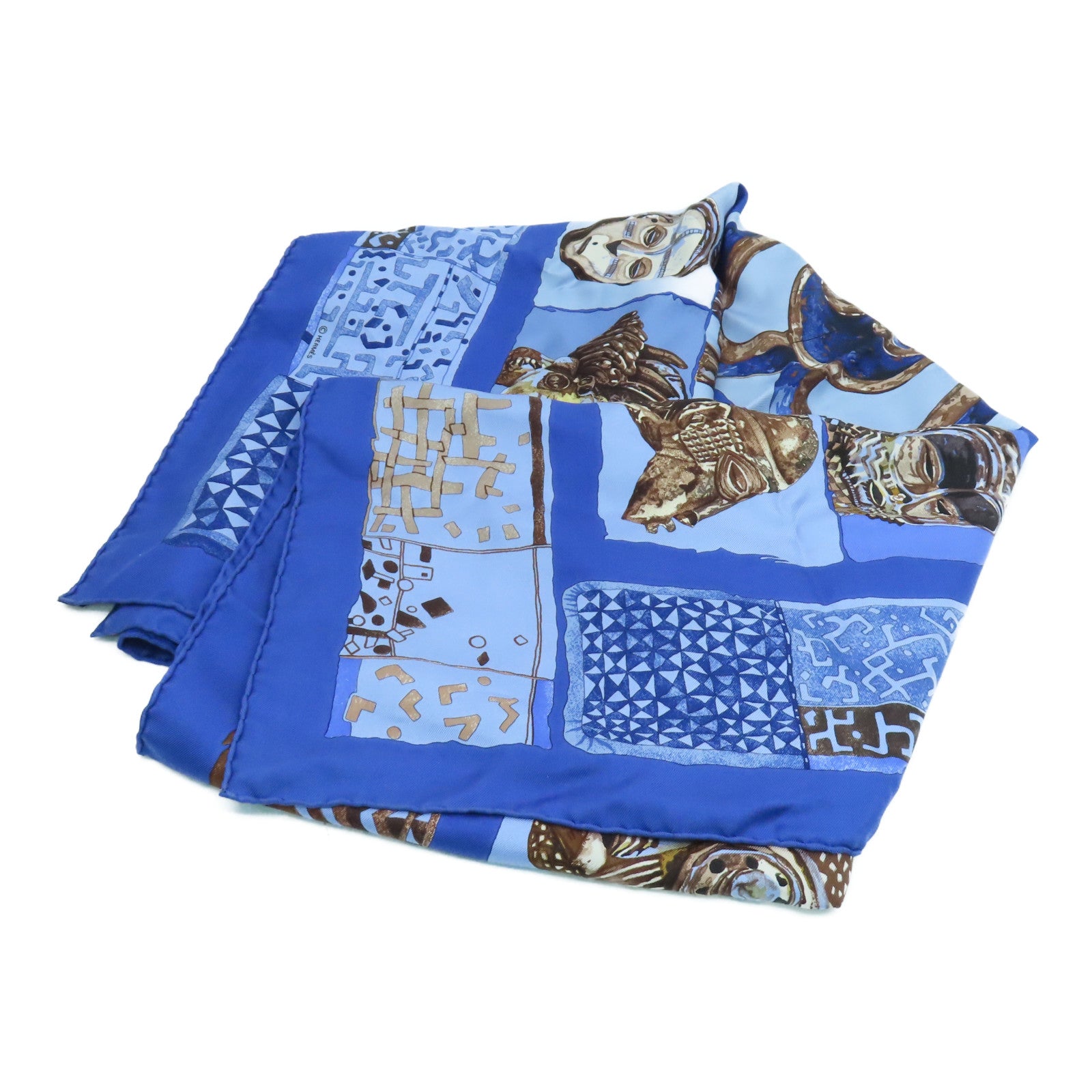 HERMES Silk Scarf 90 Scarf Blue/Brown
