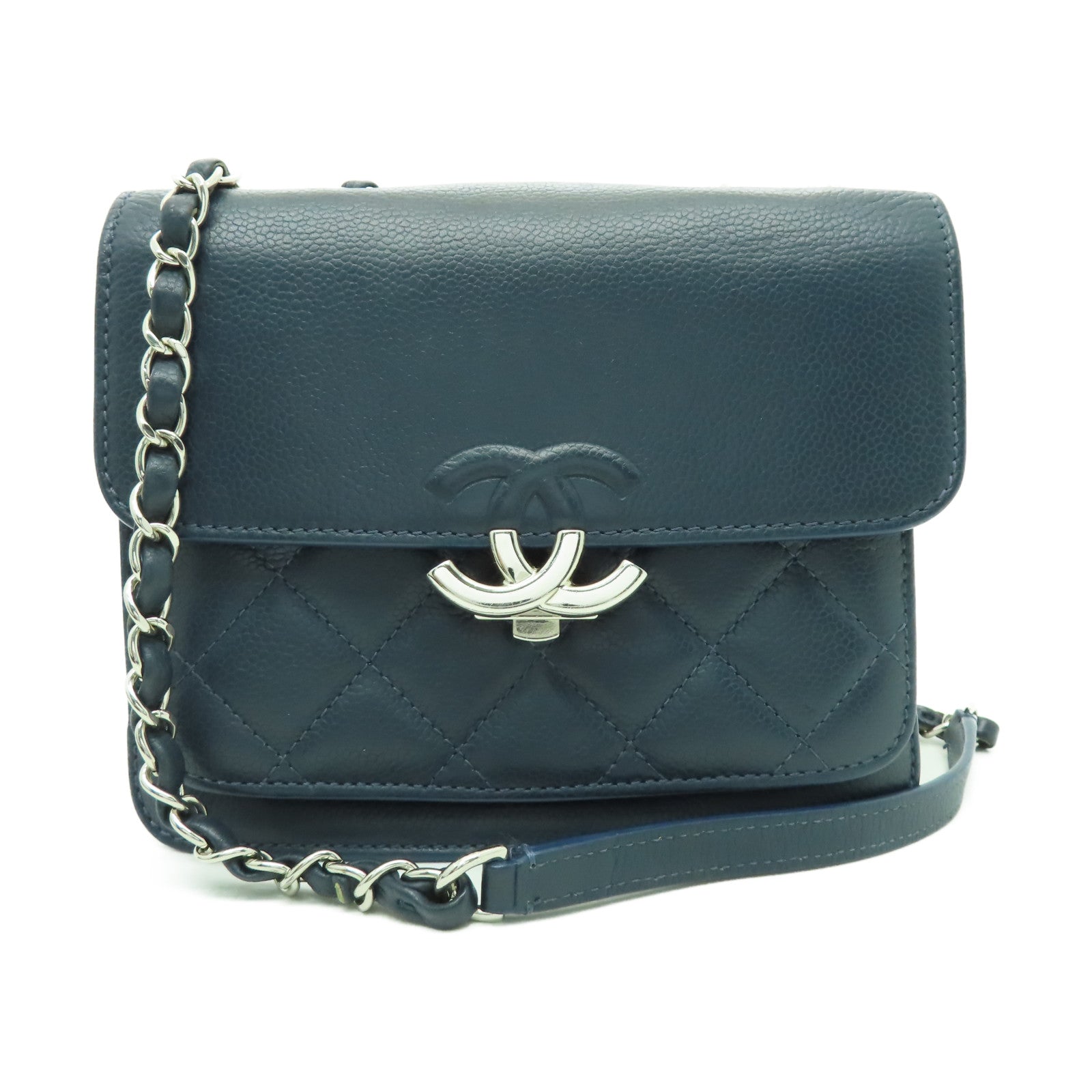 CHANEL 菱格Caviar皮革Chain Shoulder銀扣鏈帶肩背袋藍色